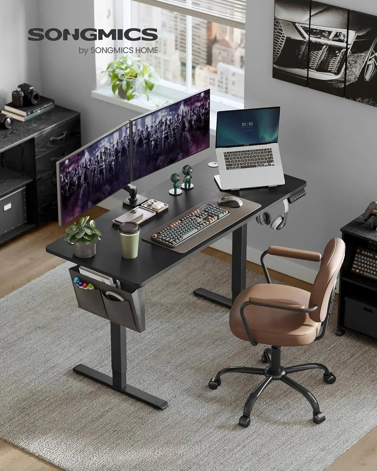 Escritorio eléctrico SONGMICS, altura ajustable, 60 x 140 x (72-120) cm, soporta 70 kg, memoria para 4 alturas, compartimento de almacenamiento integrado, negro rústico/marrón y blanco nube negro, ideal para oficina en casa o estudio.