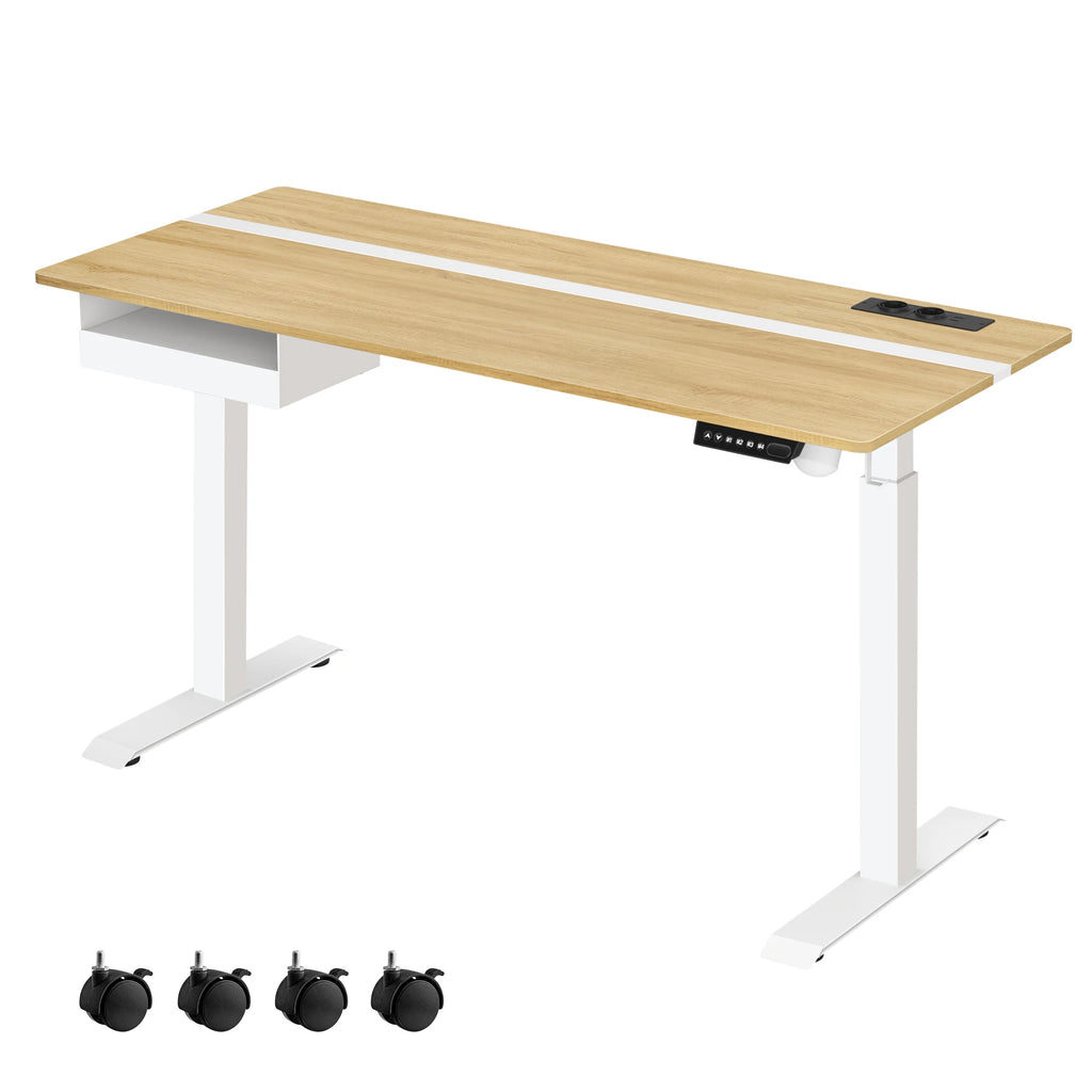 Escritorio ajustable en altura VASAGLE, 60 x 140 cm, cuenta con 4 funciones de memoria, 2 tomas de corriente y puertos USB, con un diseño robusto que soporta hasta 80 kg, perfecto para una oficina moderna o un entorno de estudio.