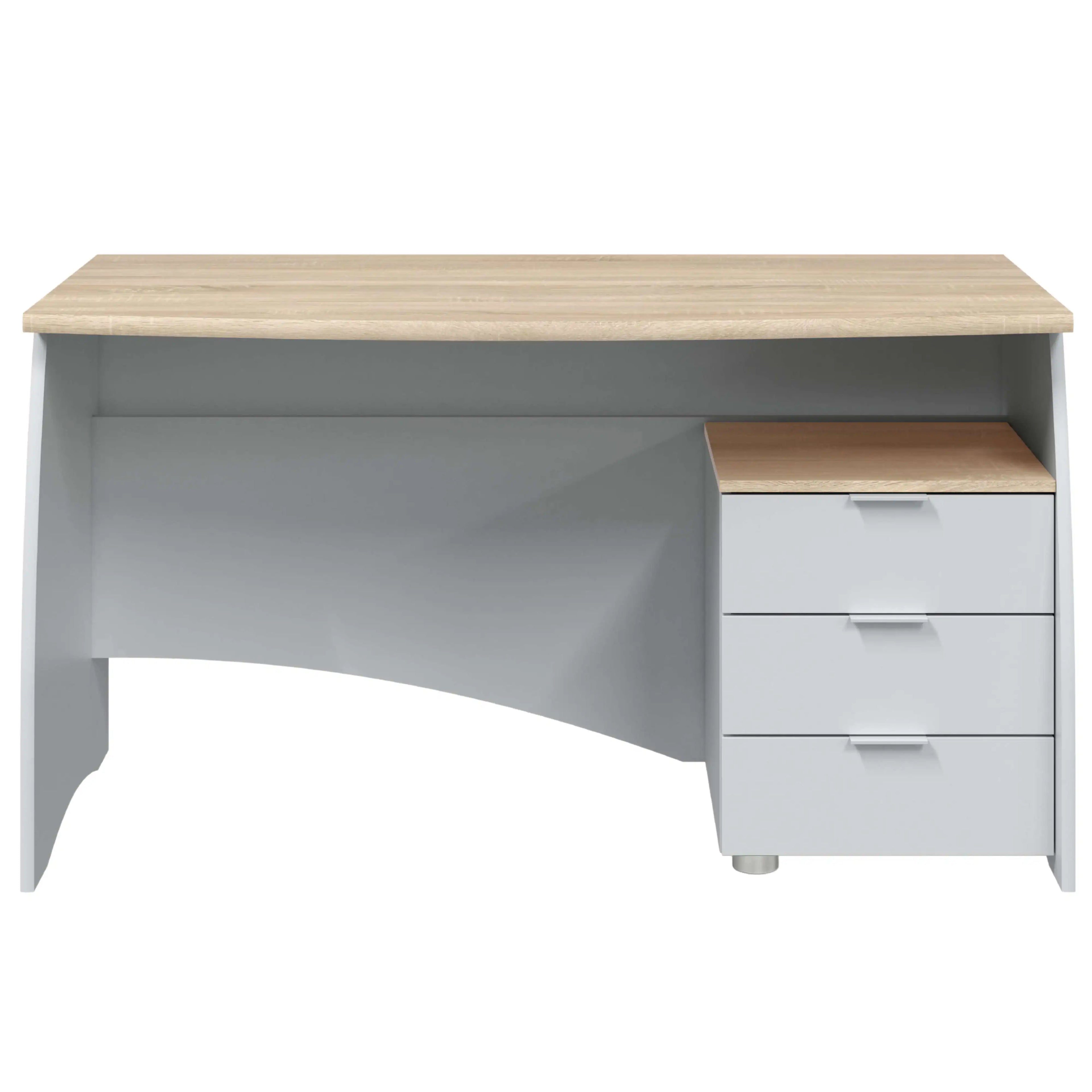 Stylish White Artik and Canadian Oak Desk 136x67x74 cm, a modern office desk made of melamine with rounded edges and a 3-drawer storage unit for a functional workspace. Perfect for a comfortable and organized work environment