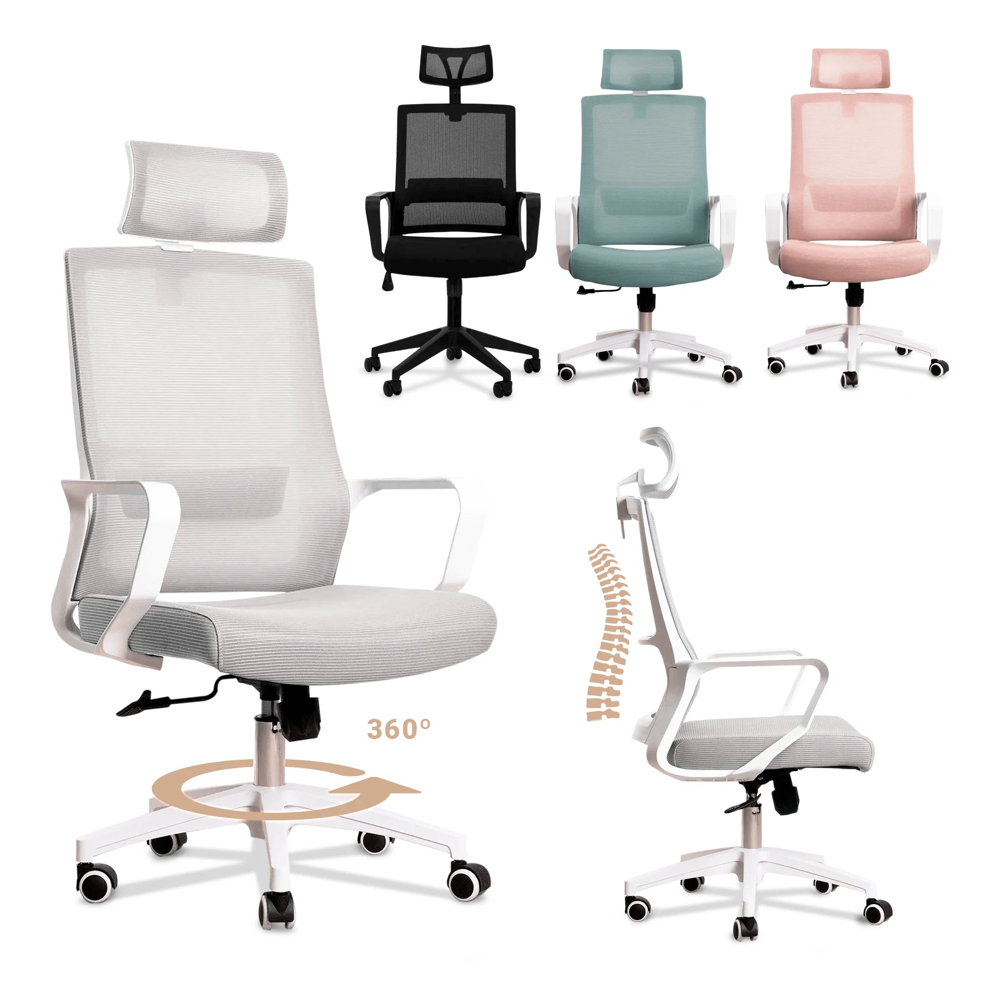 Silla de escritorio ergonómica Jupplies silla de oficina ajustable y reclinable con soporte lumbar, reposacabezas ajustable, malla transpirable, ruedas giratorias 360 ° Soporta hasta 100 kg