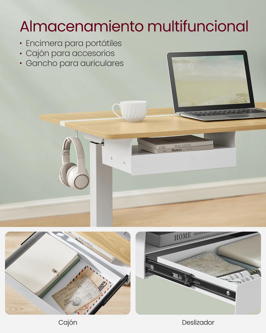 Escritorio ajustable en altura VASAGLE, 60 x 140 cm, cuenta con 4 funciones de memoria, 2 tomas de corriente y puertos USB, con un diseño robusto que soporta hasta 80 kg, perfecto para una oficina moderna o un entorno de estudio.