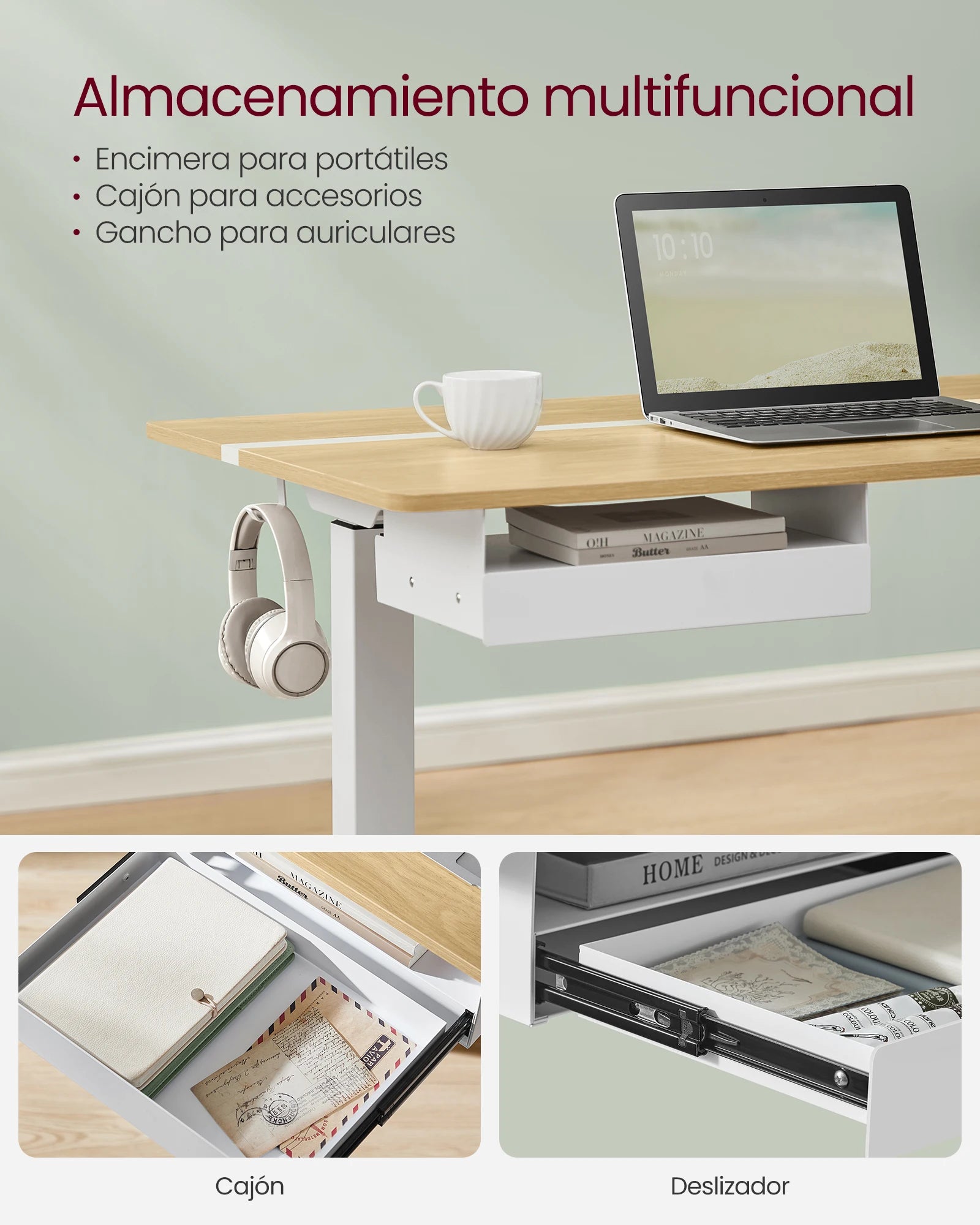 Escritorio ajustable en altura VASAGLE, 60 x 140 cm, cuenta con 4 funciones de memoria, 2 tomas de corriente y puertos USB, con un diseño robusto que soporta hasta 80 kg, perfecto para una oficina moderna o un entorno de estudio.