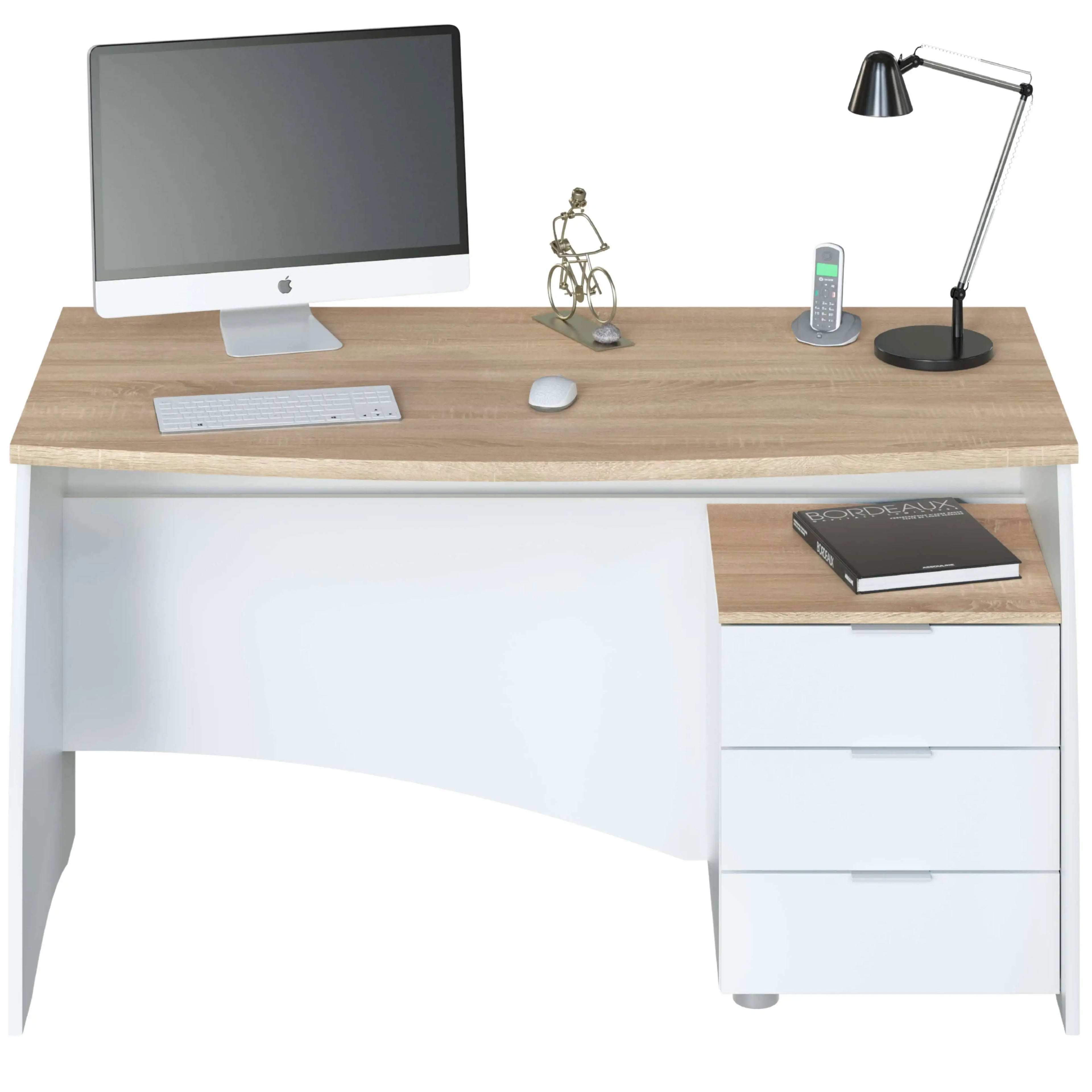 Stylish White Artik and Canadian Oak Desk 136x67x74 cm, a modern office desk made of melamine with rounded edges and a 3-drawer storage unit for a functional workspace. Perfect for a comfortable and organized work environment