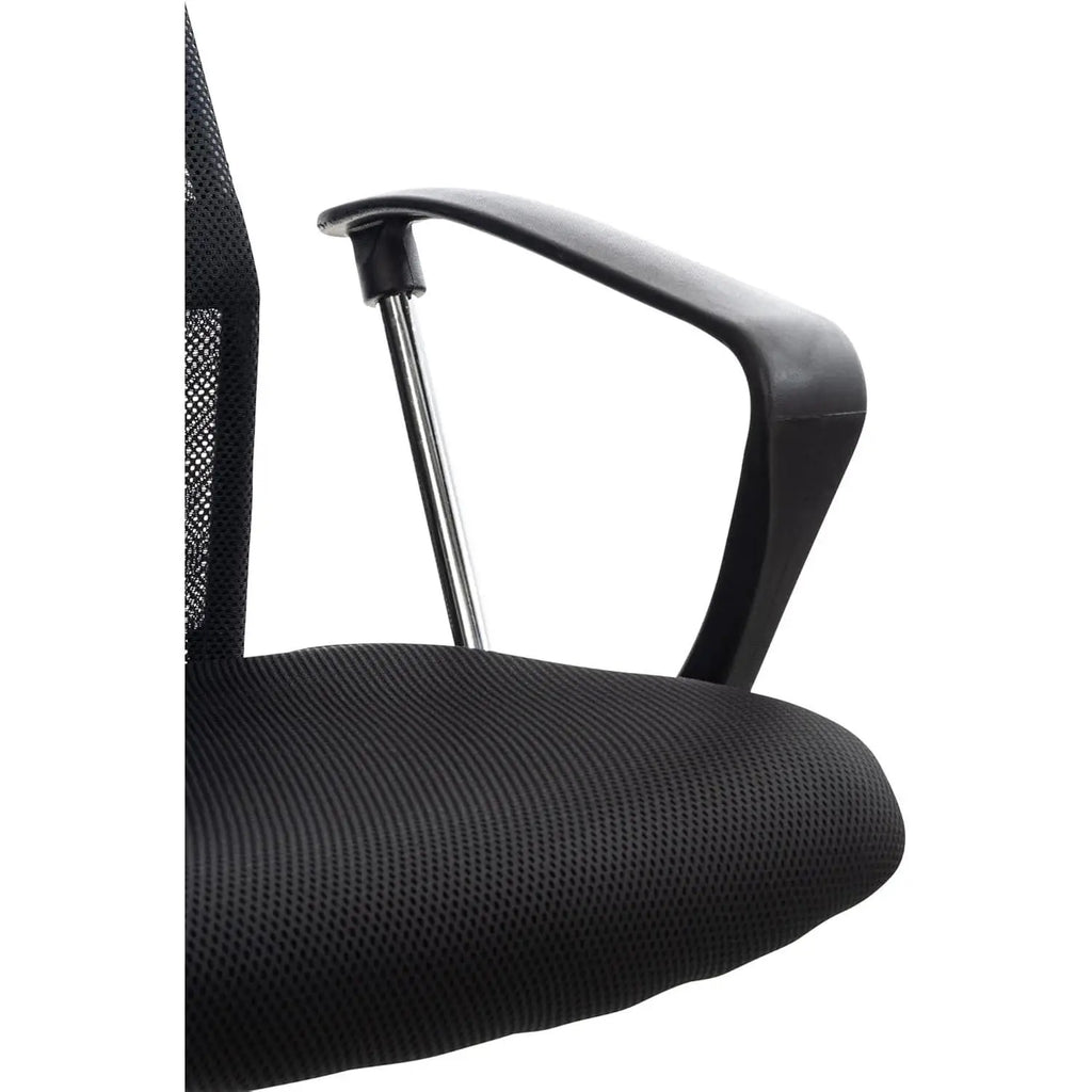 Silla de Oficina Ergonómica DASCK con respaldo alto, malla transpirable, altura regulable 35-45 cm, base cromada con ruedas 360°, brazos fijos para uso doméstico cómodo.
