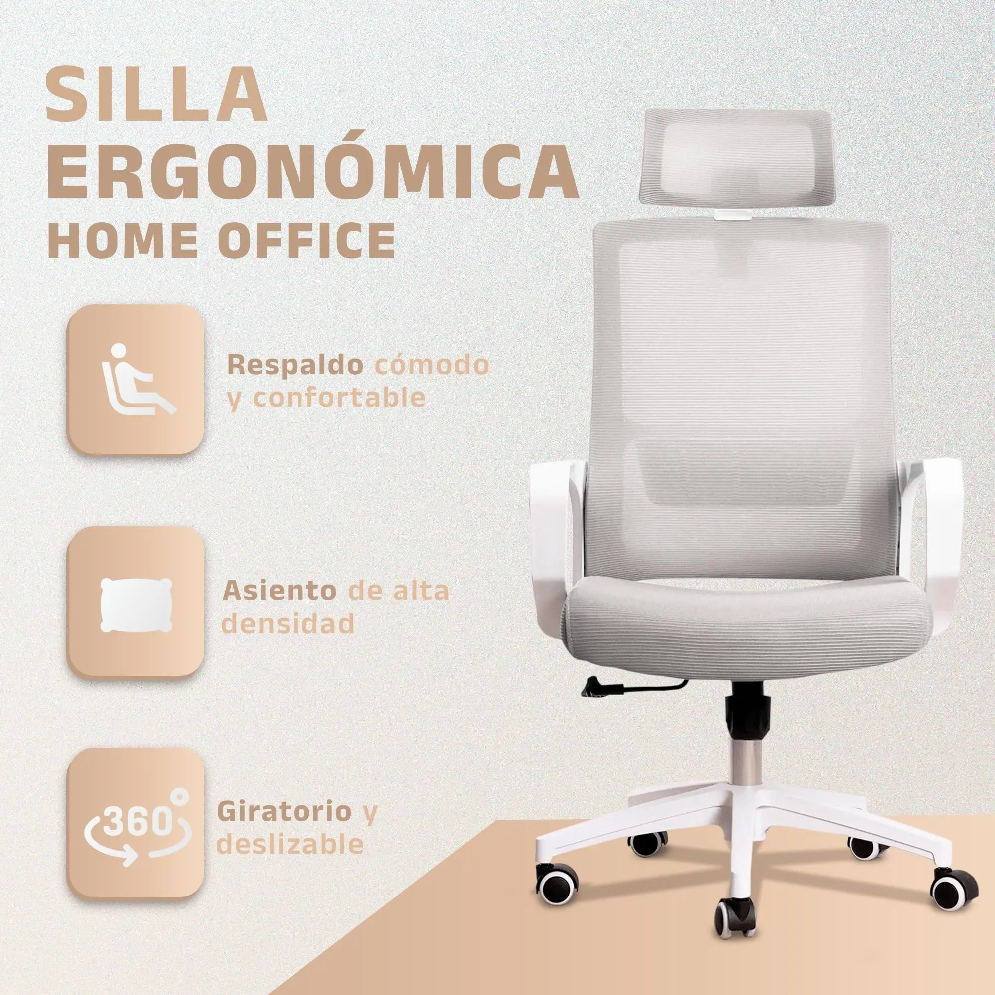 Silla de escritorio ergonómica Jupplies silla de oficina ajustable y reclinable con soporte lumbar, reposacabezas ajustable, malla transpirable, ruedas giratorias 360 ° Soporta hasta 100 kg