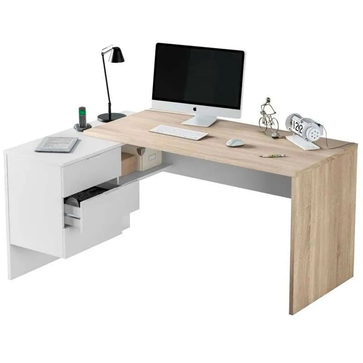 Elegante escritorio con cajón en color blanco artik/roble, amplia zona de trabajo, fabricado en melamina, incluye 1 amplia encimera y 1 cajonera lateral con 3 cajones, ideal para oficina o estudio, medidas 73 x 145 x 61,5 cm.