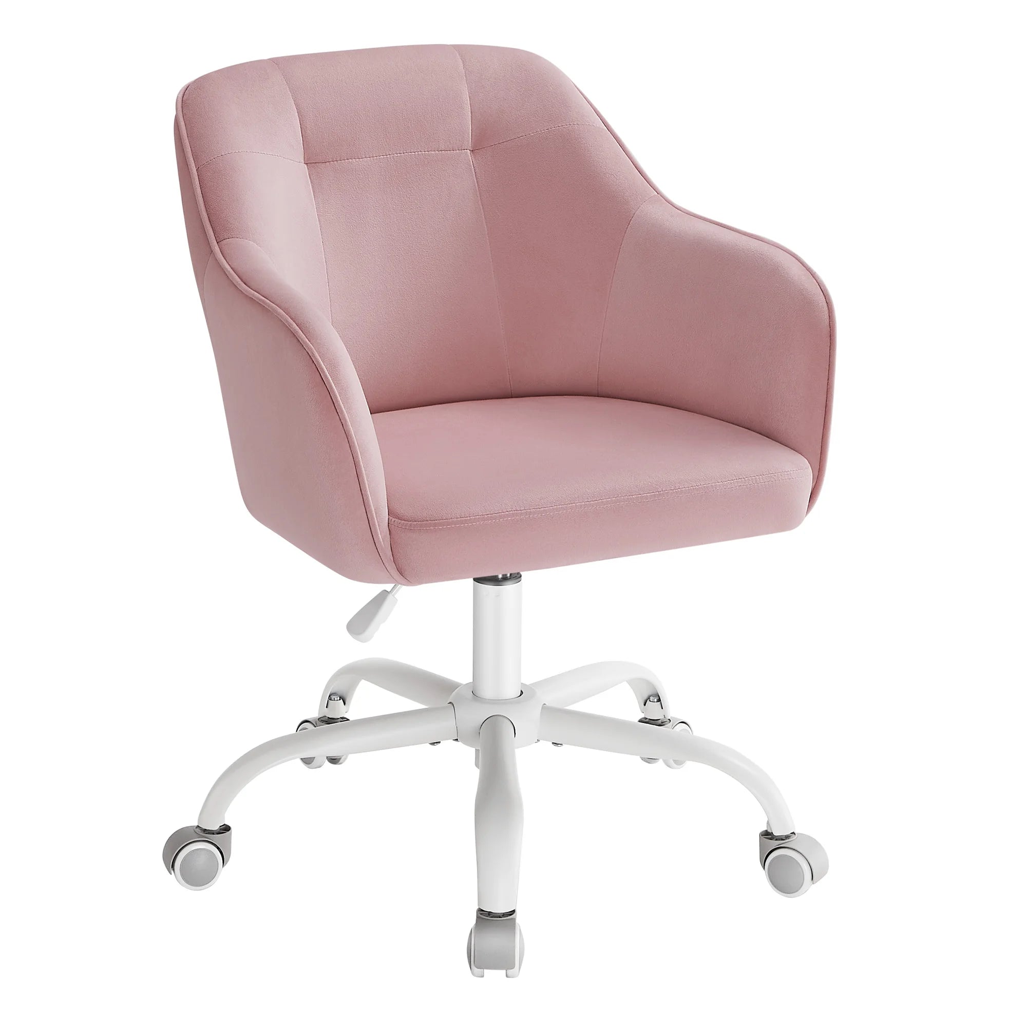 Silla de estudio SONGMICS, silla de oficina ergonómica con ajuste de altura, tela de terciopelo transpirable en rosa gelatina, estructura de acero, asiento acolchado cómodo, soporta hasta 110 kg, perfecta para oficina en casa y dormitorios.