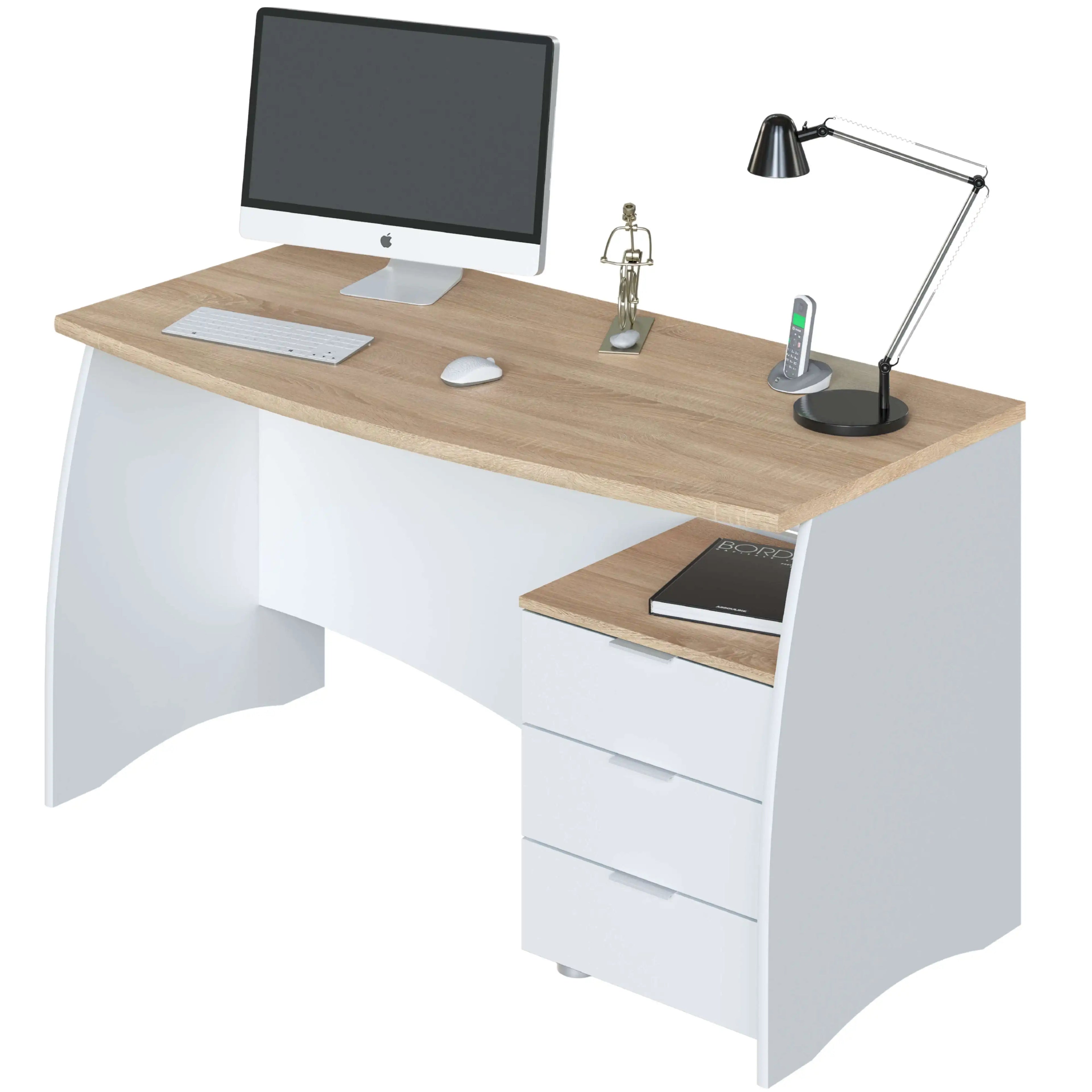 Stylish White Artik and Canadian Oak Desk 136x67x74 cm, a modern office desk made of melamine with rounded edges and a 3-drawer storage unit for a functional workspace. Perfect for a comfortable and organized work environment