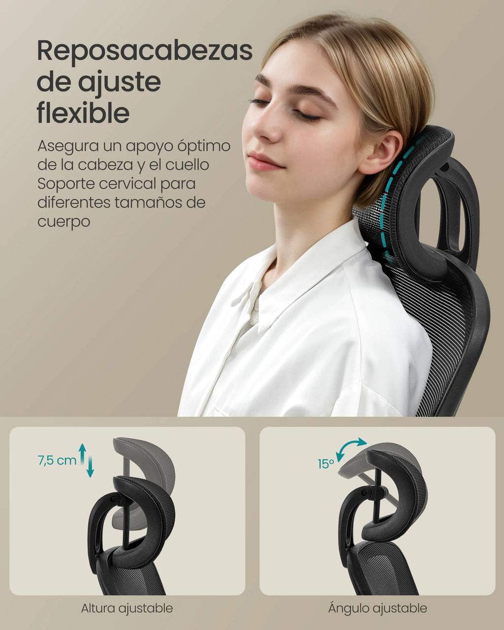 Silla de oficina ergonómica SONGMICS con soporte lumbar ajustable, asiento de 53 cm de ancho, reposabrazos plegables, malla transpirable, color negro tinta/beige capuchino/rosa gelatina/gris paloma, ideal para oficina en casa y juegos.