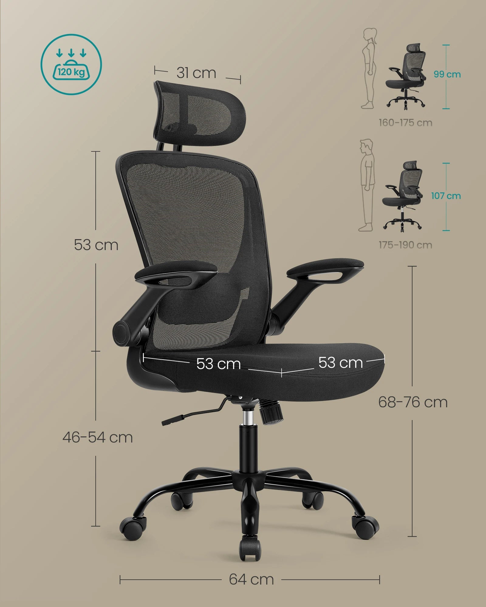 Silla de oficina ergonómica SONGMICS con soporte lumbar ajustable, asiento de 53 cm de ancho, reposabrazos plegables, malla transpirable, color negro tinta/beige capuchino/rosa gelatina/gris paloma, ideal para oficina en casa y juegos.