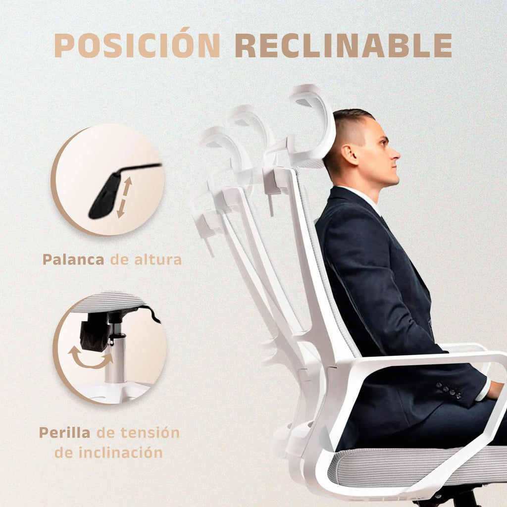 Silla de escritorio ergonómica Jupplies silla de oficina ajustable y reclinable con soporte lumbar, reposacabezas ajustable, malla transpirable, ruedas giratorias 360 ° Soporta hasta 100 kg