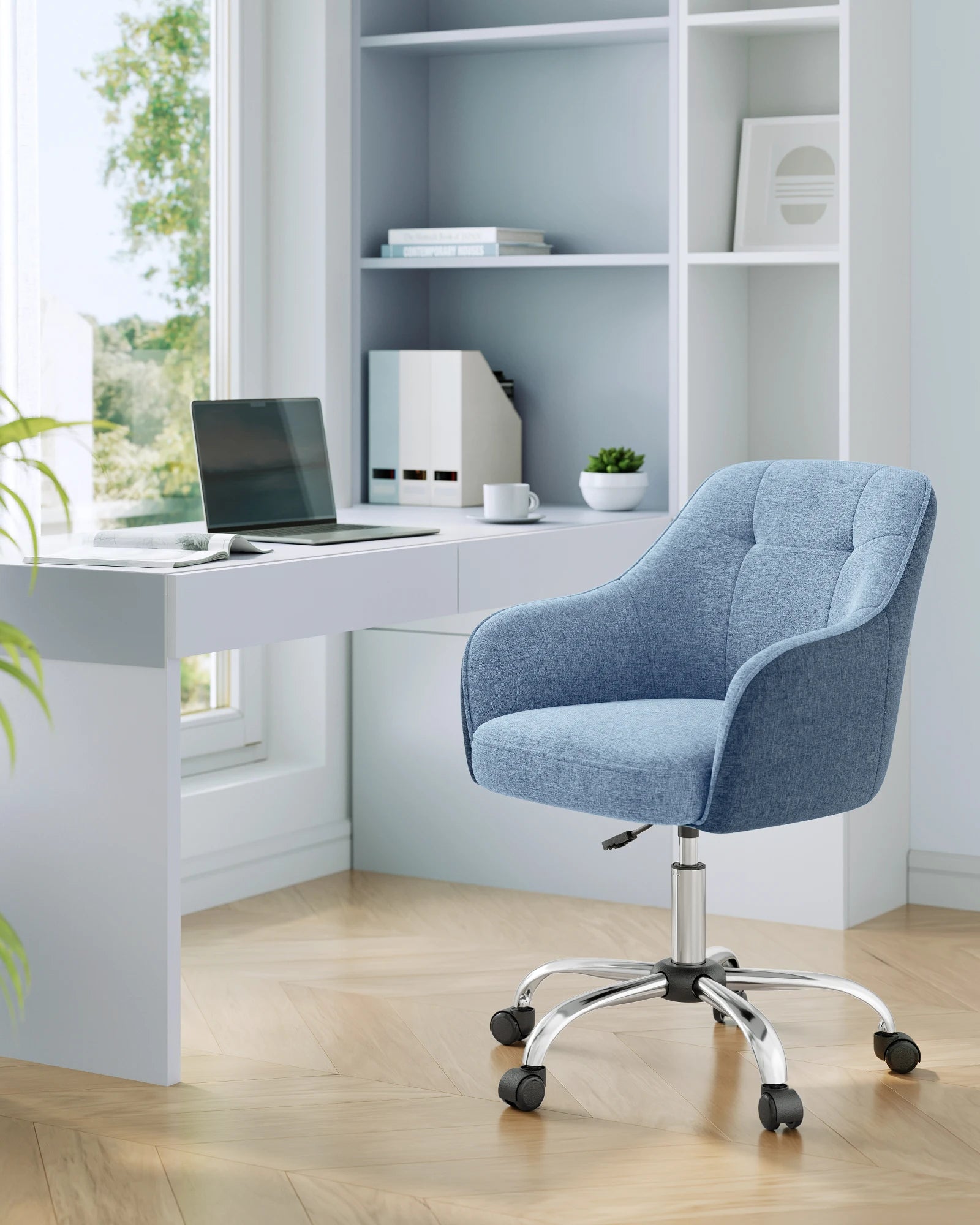 Silla de estudio SONGMICS, silla de oficina ergonómica con ajuste de altura, tela de algodón y lino transpirable, estructura de acero, soporta 110 kg, diseño moderno para oficina en casa y estudio, disponible en varios colores.