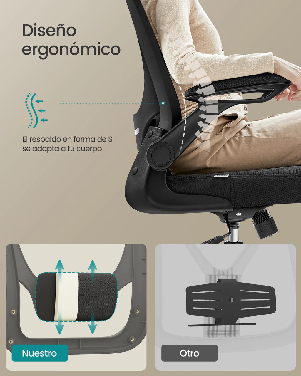 Silla de oficina ergonómica SONGMICS con soporte lumbar ajustable, asiento de 53 cm de ancho, reposabrazos plegables, malla transpirable, color negro tinta/beige capuchino/rosa gelatina/gris paloma, ideal para oficina en casa y juegos.