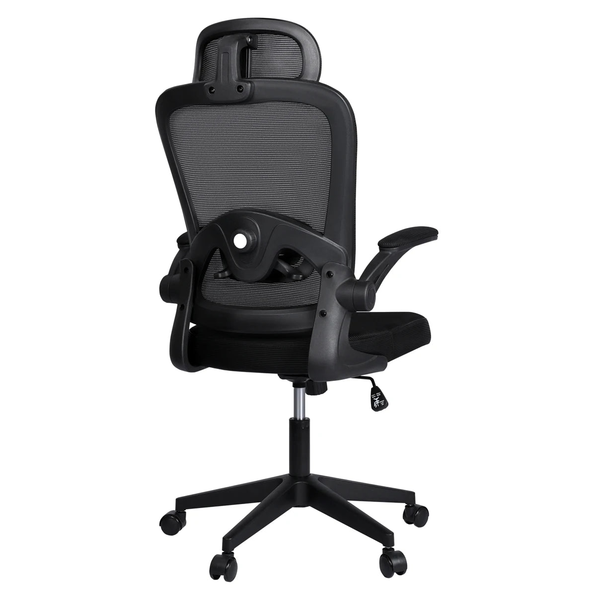 Silla de oficina ergonómica T-Lovendo AM-HOC919-BLACK con soporte lumbar ajustable, malla transpirable, ruedas de rodamiento suave y brazos ajustables para máxima comodidad en entornos domésticos y de oficina.