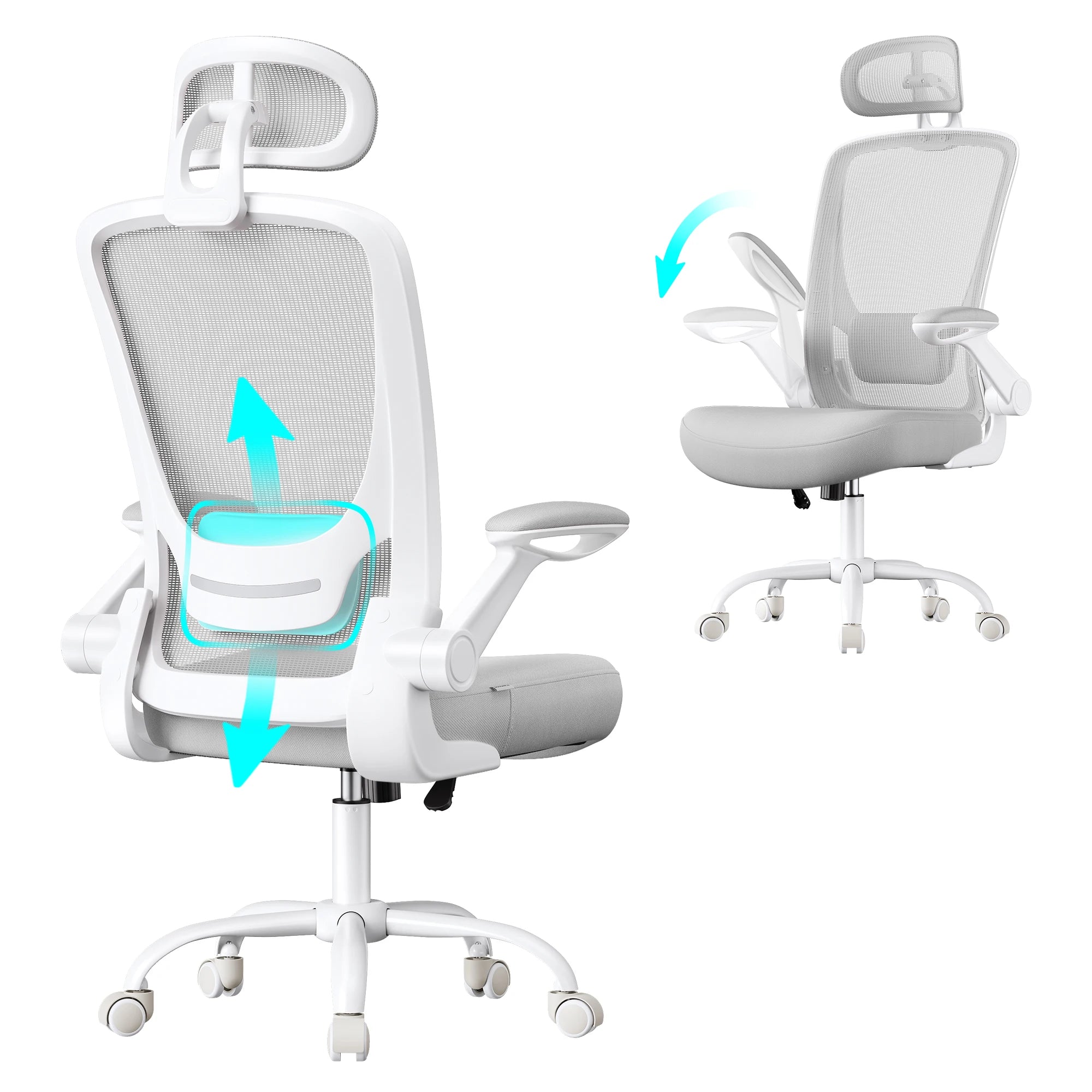 Silla de oficina ergonómica SONGMICS con soporte lumbar ajustable, asiento de 53 cm de ancho, reposabrazos plegables, malla transpirable, color negro tinta/beige capuchino/rosa gelatina/gris paloma, ideal para oficina en casa y juegos.