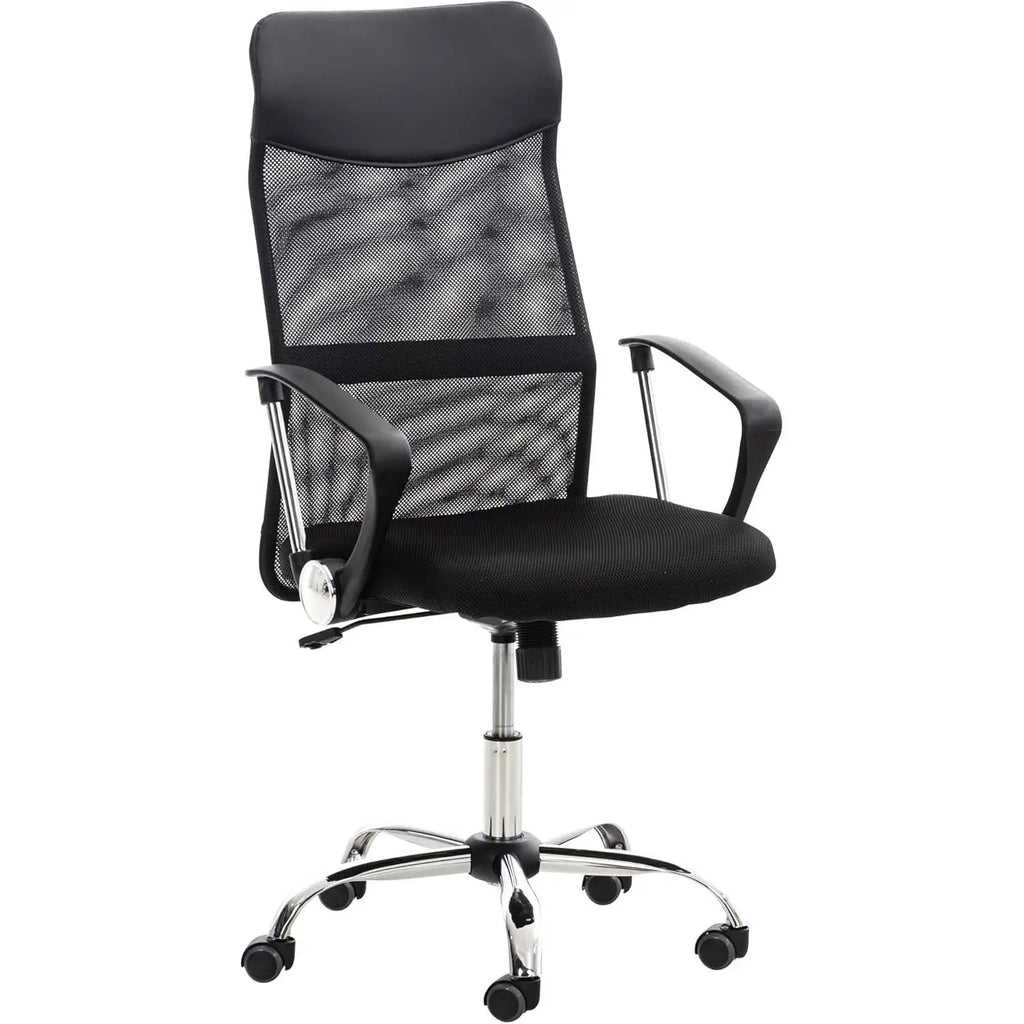 Silla de Oficina Ergonómica DASCK con respaldo alto, malla transpirable, altura regulable 35-45 cm, base cromada con ruedas 360°, brazos fijos para uso doméstico cómodo.