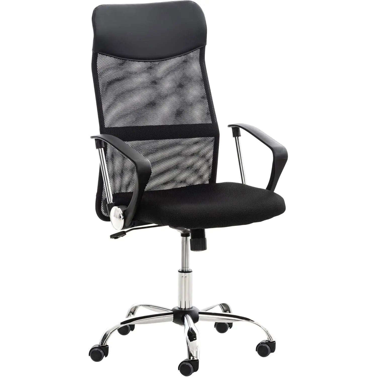 Silla de Oficina Ergonómica DASCK con respaldo alto, malla transpirable, altura regulable 35-45 cm, base cromada con ruedas 360°, brazos fijos para uso doméstico cómodo.