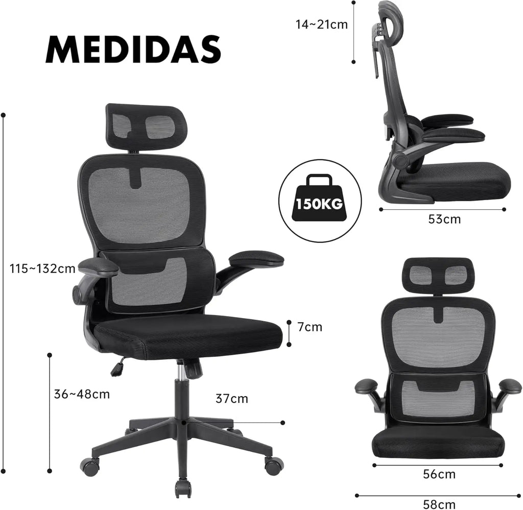 Silla de oficina ergonómica con respaldo de malla transpirable y reposacabezas ajustable. Asiento acolchado y cómodo.