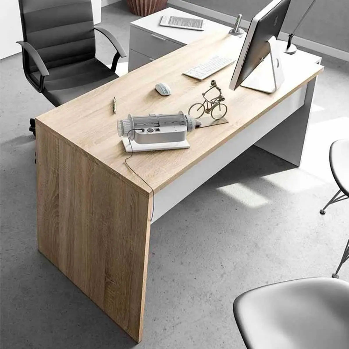 Elegante escritorio con cajón en color blanco artik/roble, amplia zona de trabajo, fabricado en melamina, incluye 1 amplia encimera y 1 cajonera lateral con 3 cajones, ideal para oficina o estudio, medidas 73 x 145 x 61,5 cm.