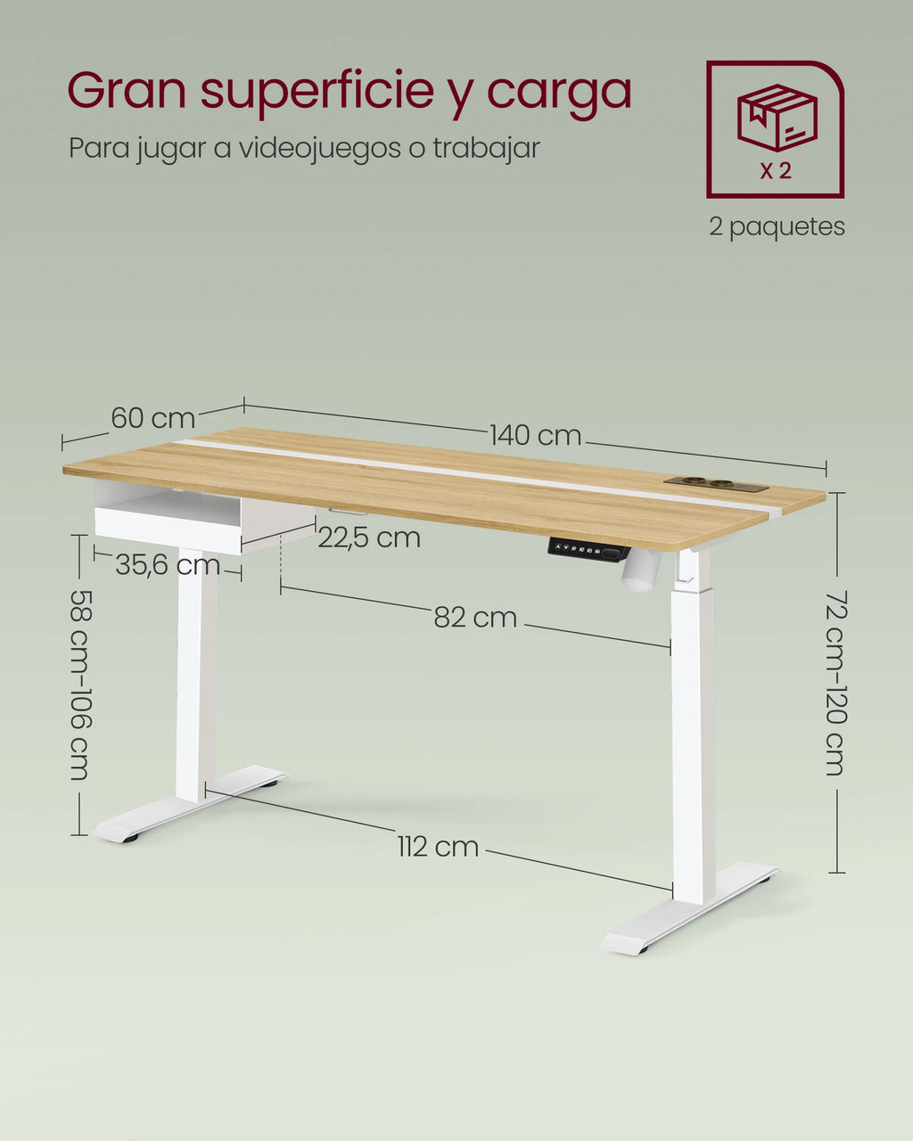 Escritorio ajustable en altura VASAGLE, 60 x 140 cm, cuenta con 4 funciones de memoria, 2 tomas de corriente y puertos USB, con un diseño robusto que soporta hasta 80 kg, perfecto para una oficina moderna o un entorno de estudio.
