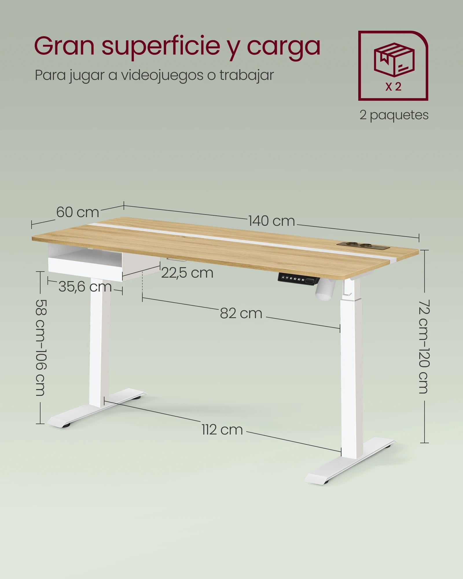 Escritorio ajustable en altura VASAGLE, 60 x 140 cm, cuenta con 4 funciones de memoria, 2 tomas de corriente y puertos USB, con un diseño robusto que soporta hasta 80 kg, perfecto para una oficina moderna o un entorno de estudio.