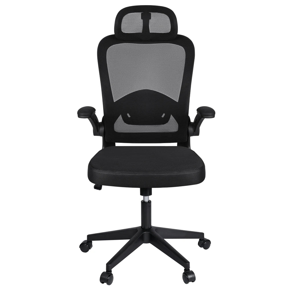 Silla de oficina ergonómica T-Lovendo AM-HOC919-BLACK con soporte lumbar ajustable, malla transpirable, ruedas de rodamiento suave y brazos ajustables para máxima comodidad en entornos domésticos y de oficina.