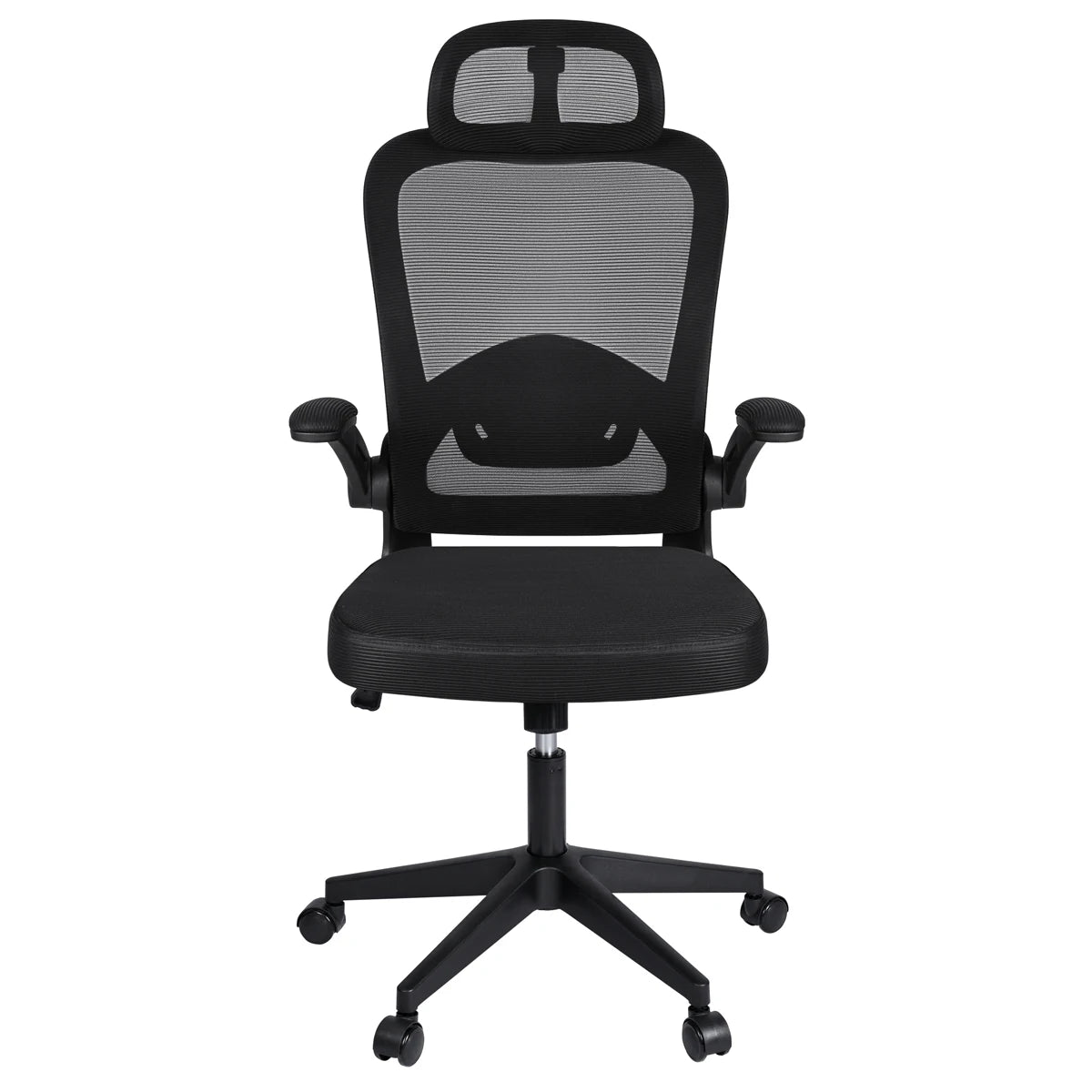 Silla de oficina ergonómica T-Lovendo AM-HOC919-BLACK con soporte lumbar ajustable, malla transpirable, ruedas de rodamiento suave y brazos ajustables para máxima comodidad en entornos domésticos y de oficina.