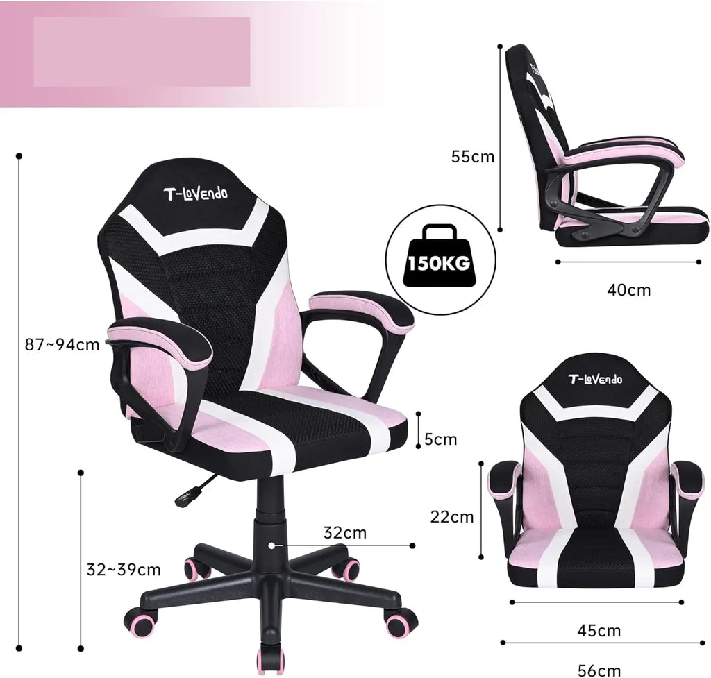 Silla gaming T-LoVendo TLV-SN1 para niños, piel sintética ergonómica, altura regulable, diseño de carreras moderno, perfecta para jugar y estudiar, con ruedas duraderas y respaldo acolchado para mayor comodidad.