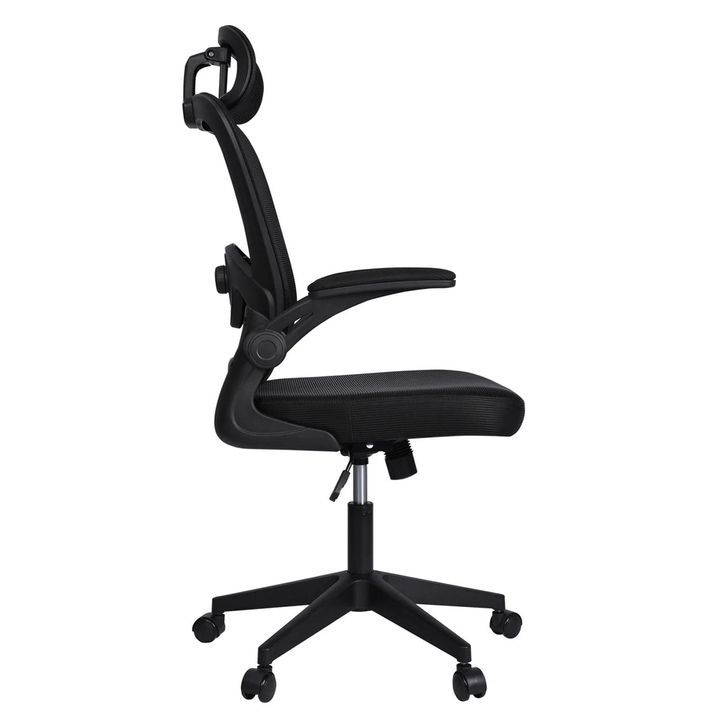 Silla de oficina ergonómica T-Lovendo AM-HOC919-BLACK con soporte lumbar ajustable, malla transpirable, ruedas de rodamiento suave y brazos ajustables para máxima comodidad en entornos domésticos y de oficina.
