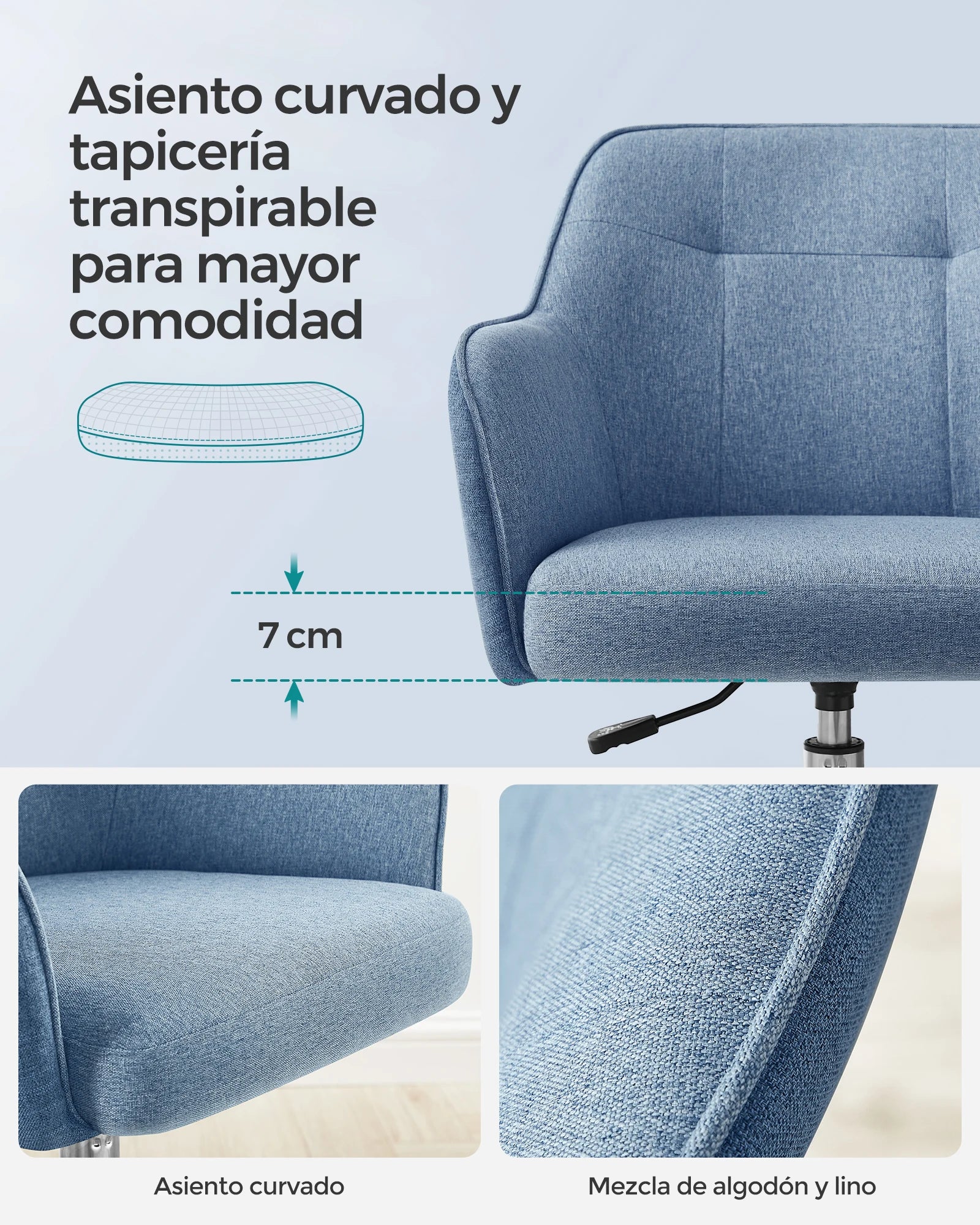 Silla de estudio SONGMICS, silla de oficina ergonómica con ajuste de altura, tela de algodón y lino transpirable, estructura de acero, soporta 110 kg, diseño moderno para oficina en casa y estudio, disponible en varios colores.