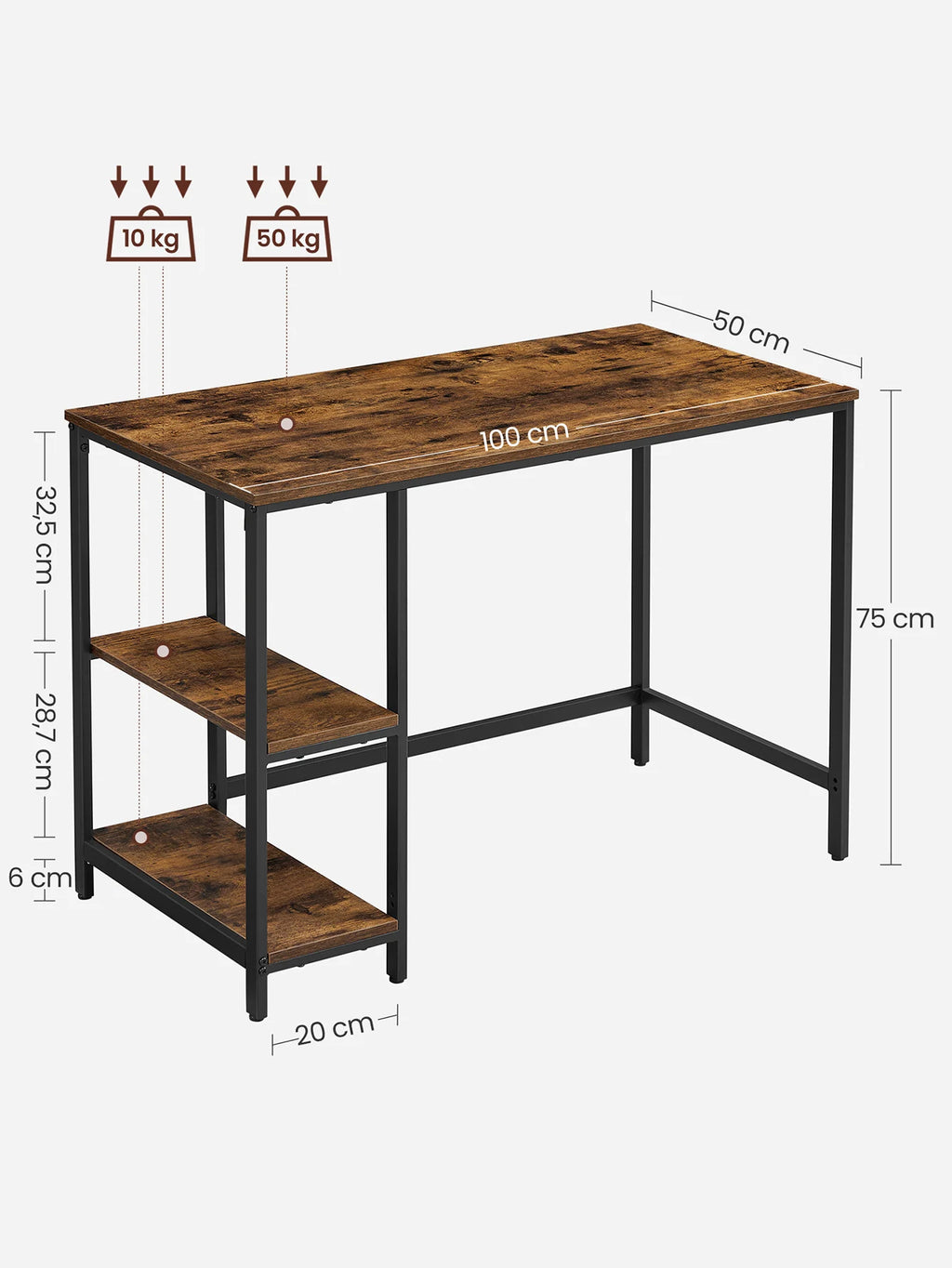Escritorio VASAGLE con 2 estantes ajustables para oficina en casa, amplio espacio de trabajo de 50 x 100 cm, estructura de acero, marrón rústico y negro, fácil montaje, ideal para teletrabajo y juegos.