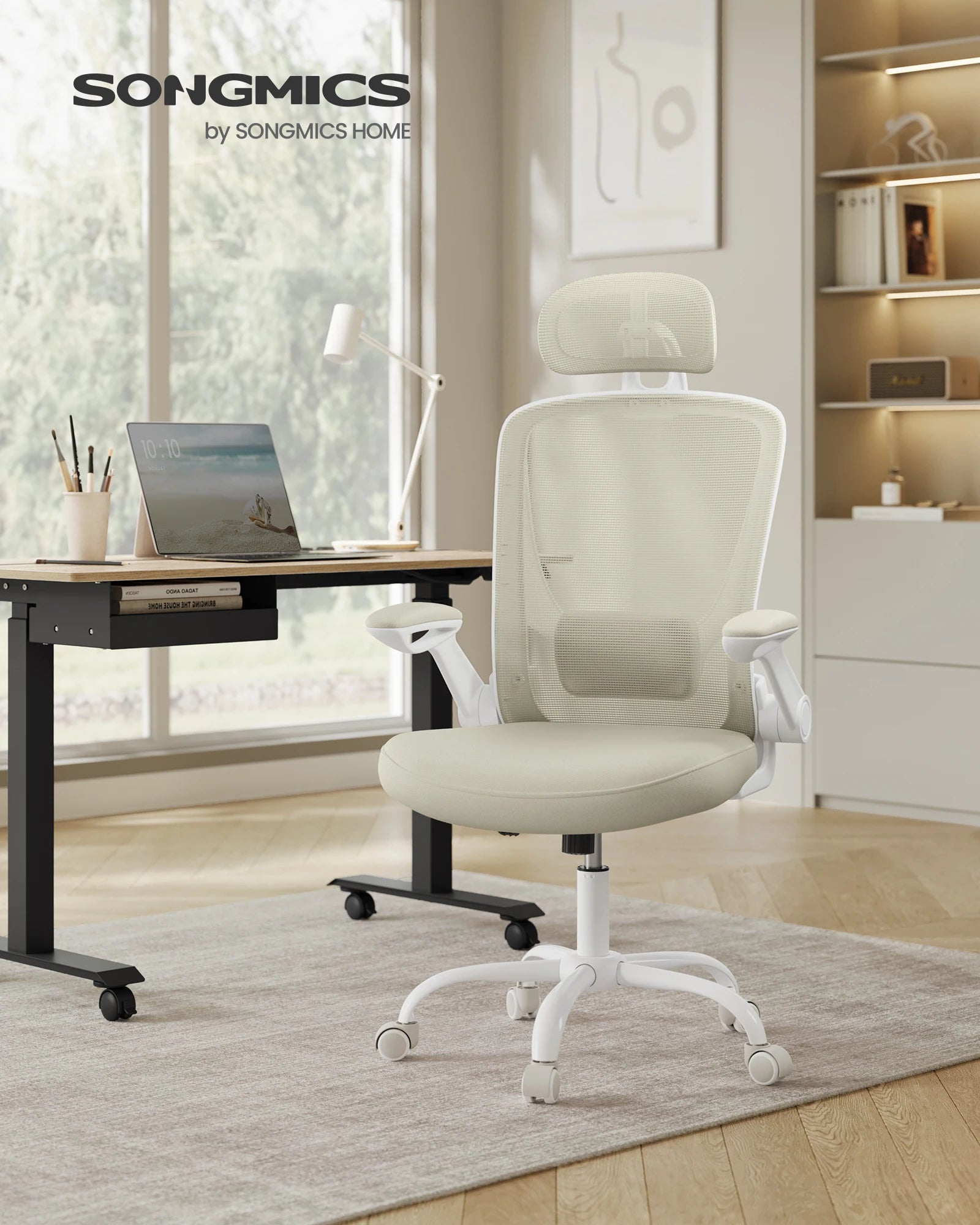 Silla de oficina ergonómica SONGMICS con soporte lumbar ajustable, asiento de 53 cm de ancho, reposabrazos plegables, malla transpirable, color negro tinta/beige capuchino/rosa gelatina/gris paloma, ideal para oficina en casa y juegos.