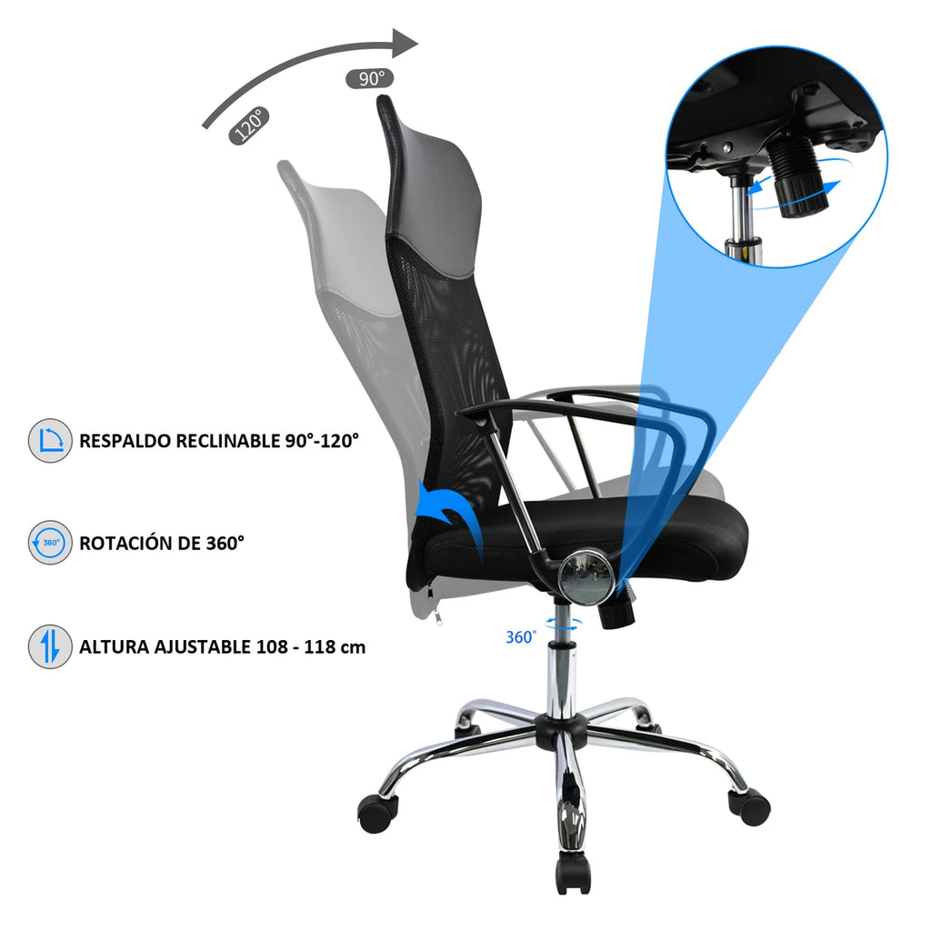 Silla de oficina T-LoVendo TLV-AM-OC621 con giro de 360 ​​grados, diseño ergonómico de malla, altura ajustable, peso máximo 120 kg, ideal para oficina en casa y estudio.