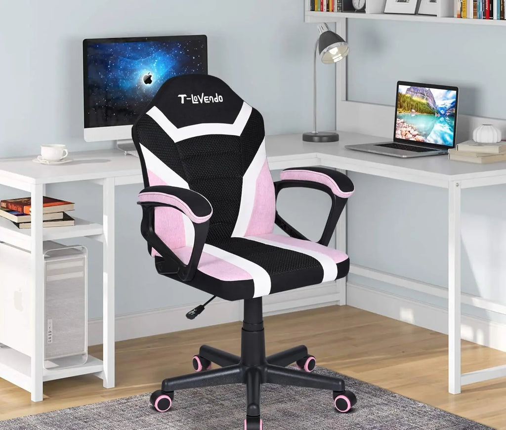 Silla gaming T-LoVendo TLV-SN1 para niños, piel sintética ergonómica, altura regulable, diseño de carreras moderno, perfecta para jugar y estudiar, con ruedas duraderas y respaldo acolchado para mayor comodidad.