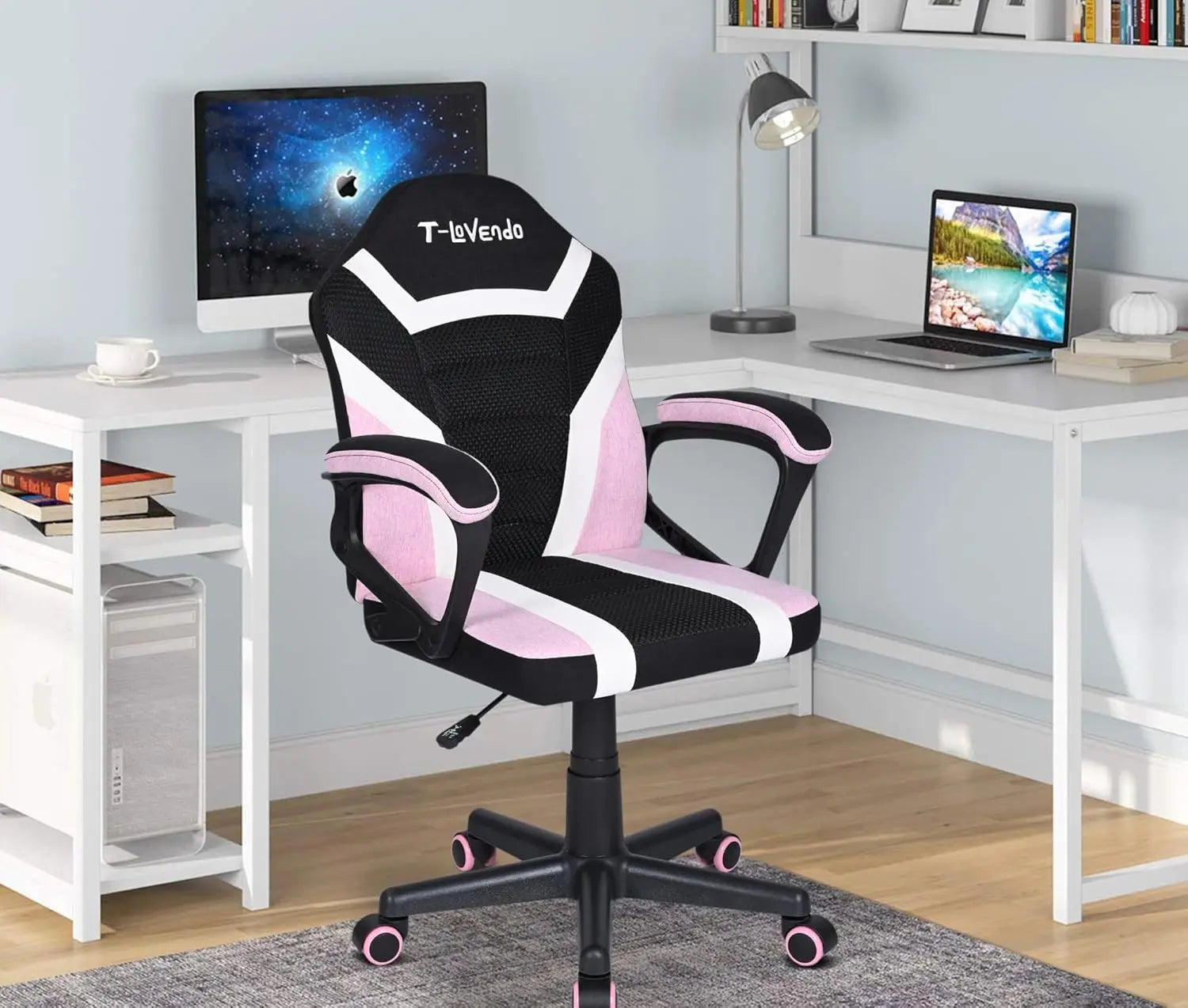 Silla gaming T-LoVendo TLV-SN1 para niños, piel sintética ergonómica, altura regulable, diseño de carreras moderno, perfecta para jugar y estudiar, con ruedas duraderas y respaldo acolchado para mayor comodidad.