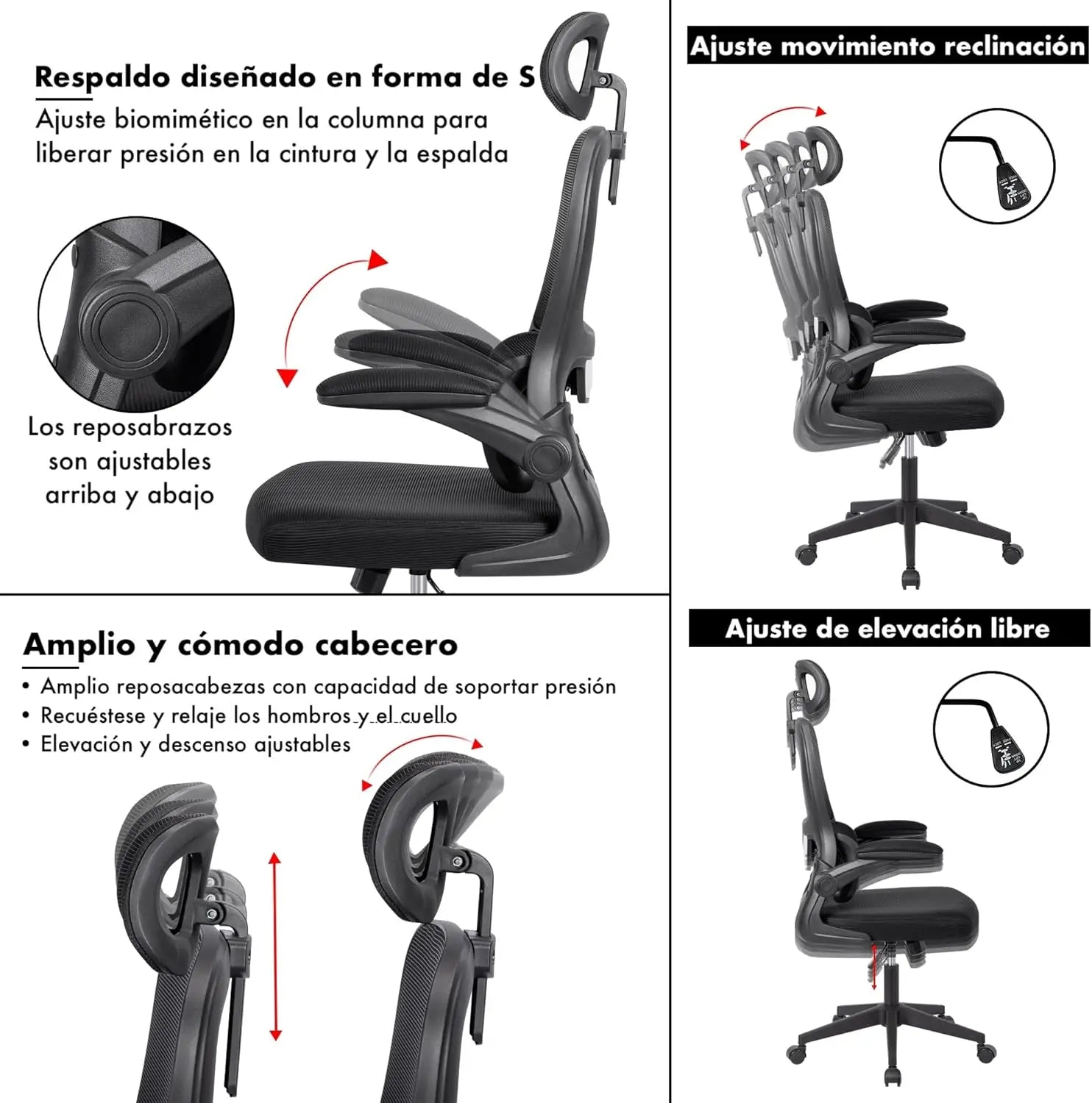 Silla de oficina ergonómica con respaldo de malla transpirable y reposacabezas ajustable. Asiento acolchado y cómodo.