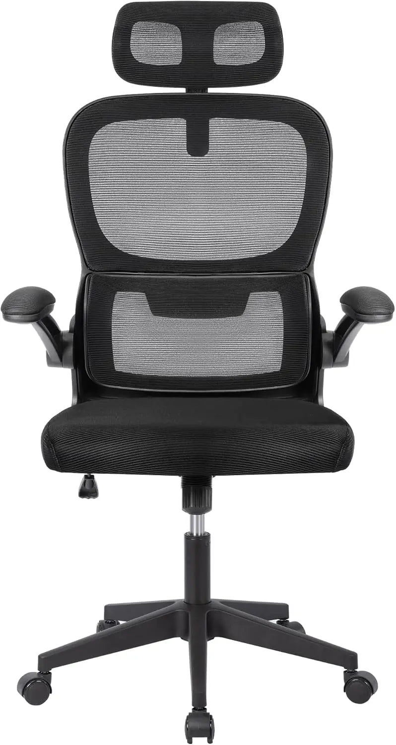 Silla de oficina ergonómica con respaldo de malla transpirable y reposacabezas ajustable. Asiento acolchado y cómodo.