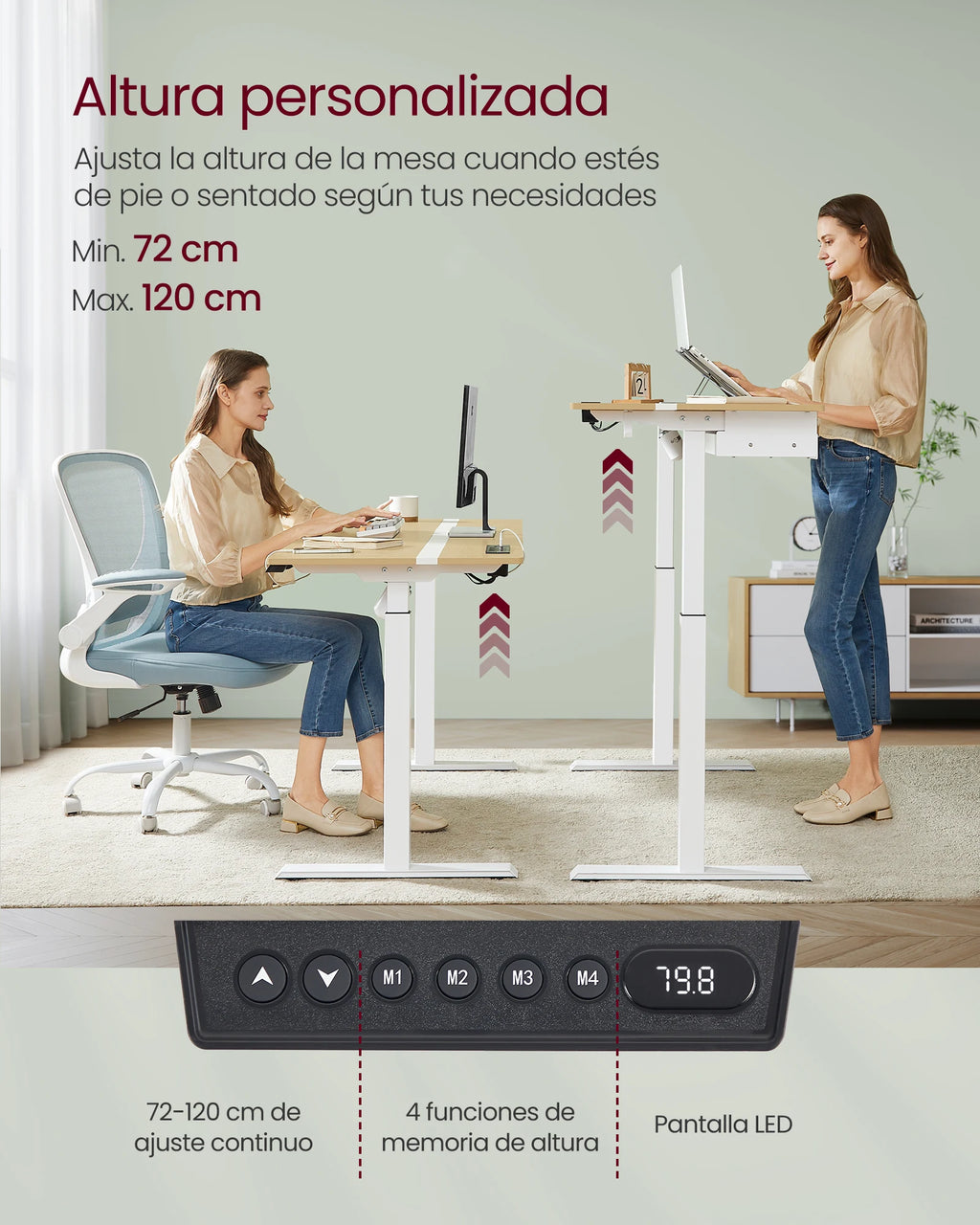 Escritorio ajustable en altura VASAGLE, 60 x 140 cm, cuenta con 4 funciones de memoria, 2 tomas de corriente y puertos USB, con un diseño robusto que soporta hasta 80 kg, perfecto para una oficina moderna o un entorno de estudio.