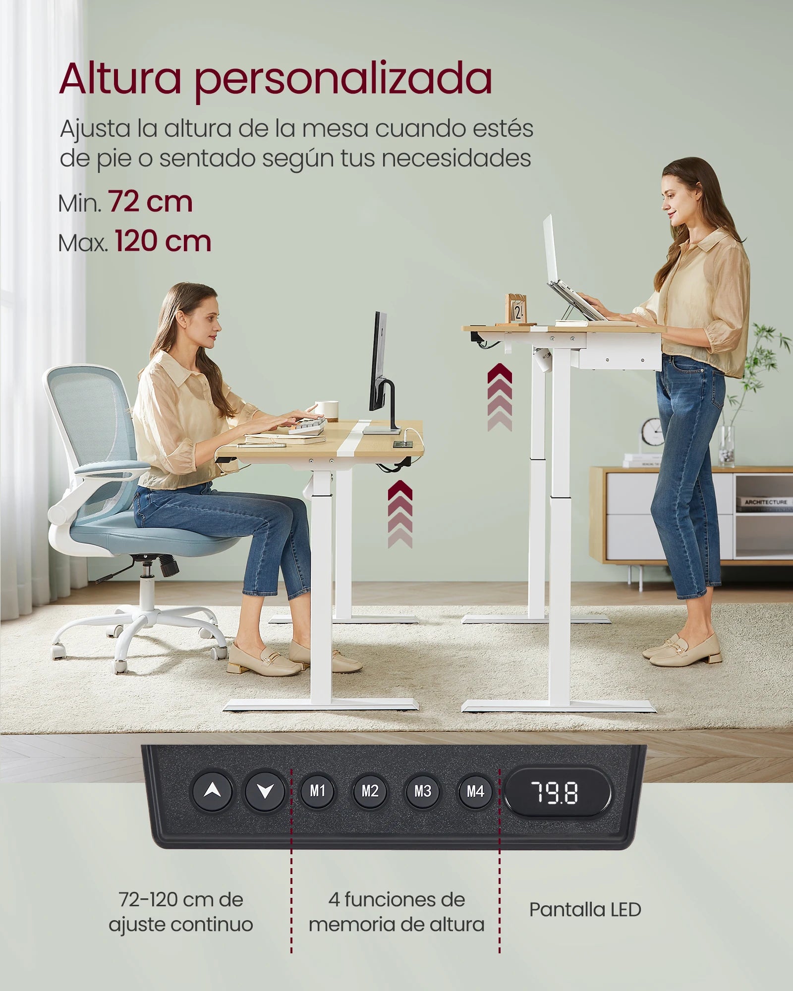 Escritorio ajustable en altura VASAGLE, 60 x 140 cm, cuenta con 4 funciones de memoria, 2 tomas de corriente y puertos USB, con un diseño robusto que soporta hasta 80 kg, perfecto para una oficina moderna o un entorno de estudio.