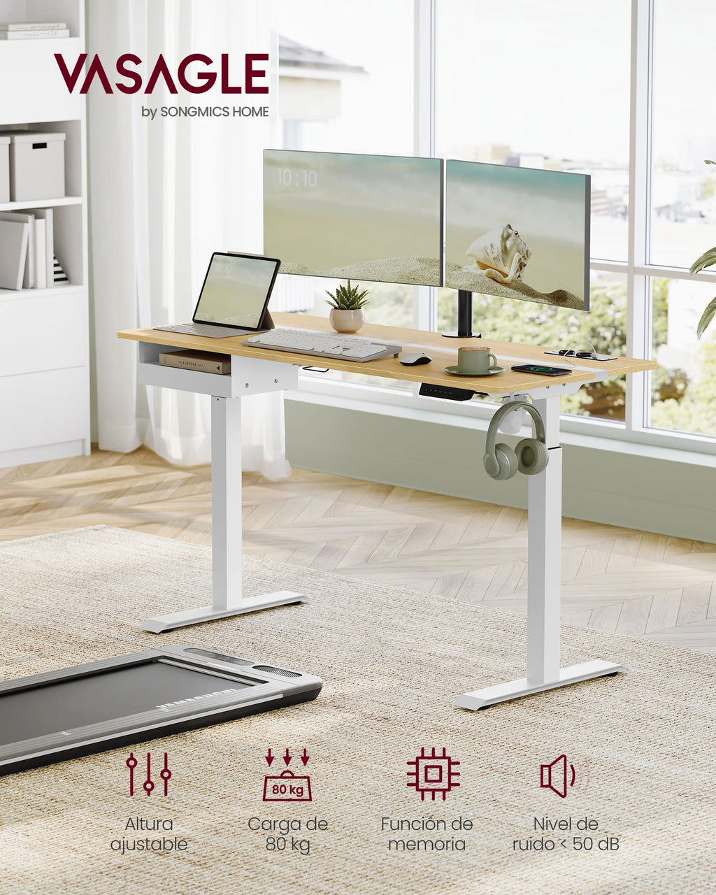 Escritorio ajustable en altura VASAGLE, 60 x 140 cm, cuenta con 4 funciones de memoria, 2 tomas de corriente y puertos USB, con un diseño robusto que soporta hasta 80 kg, perfecto para una oficina moderna o un entorno de estudio.