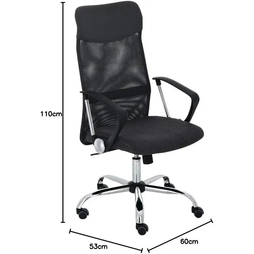 Silla de Oficina Ergonómica DASCK con respaldo alto, malla transpirable, altura regulable 35-45 cm, base cromada con ruedas 360°, brazos fijos para uso doméstico cómodo.