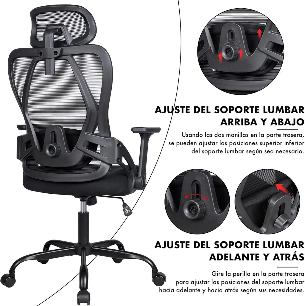 Silla de oficina ergonómica T-LoVendo con reposacabezas ajustable, soporte lumbar y giro de 360°, malla transpirable, espuma de alta densidad, fácil montaje
