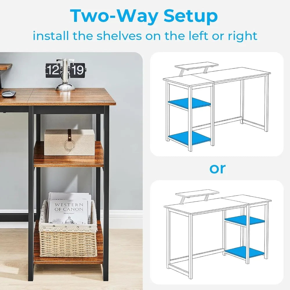 Escritorio de computadora con estantes reversibles, mesa de oficina que ahorra espacio y mesa de estudio pequeña para un fácil montaje, marrón