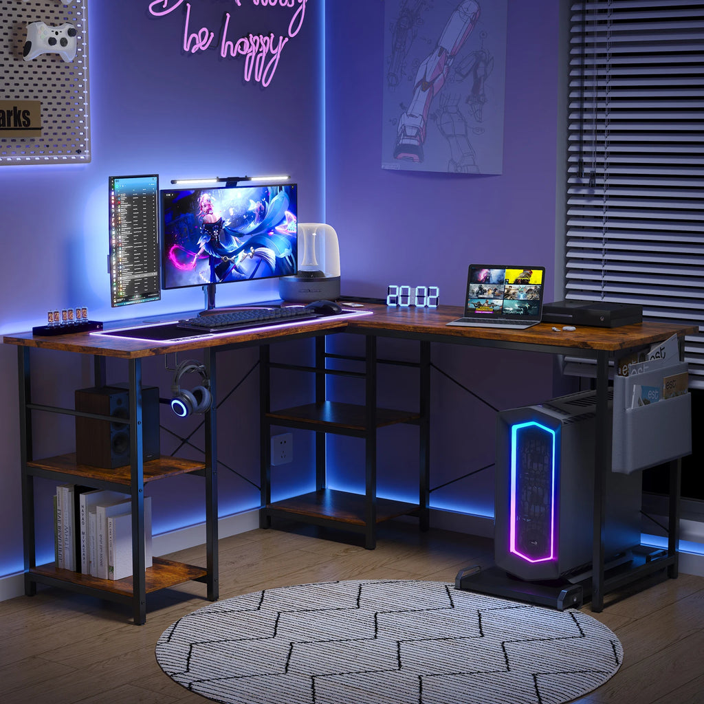 Escritorio de estilo industrial en forma de L, ajustable, 140/230 cm, con almacenamiento y enchufe integrado