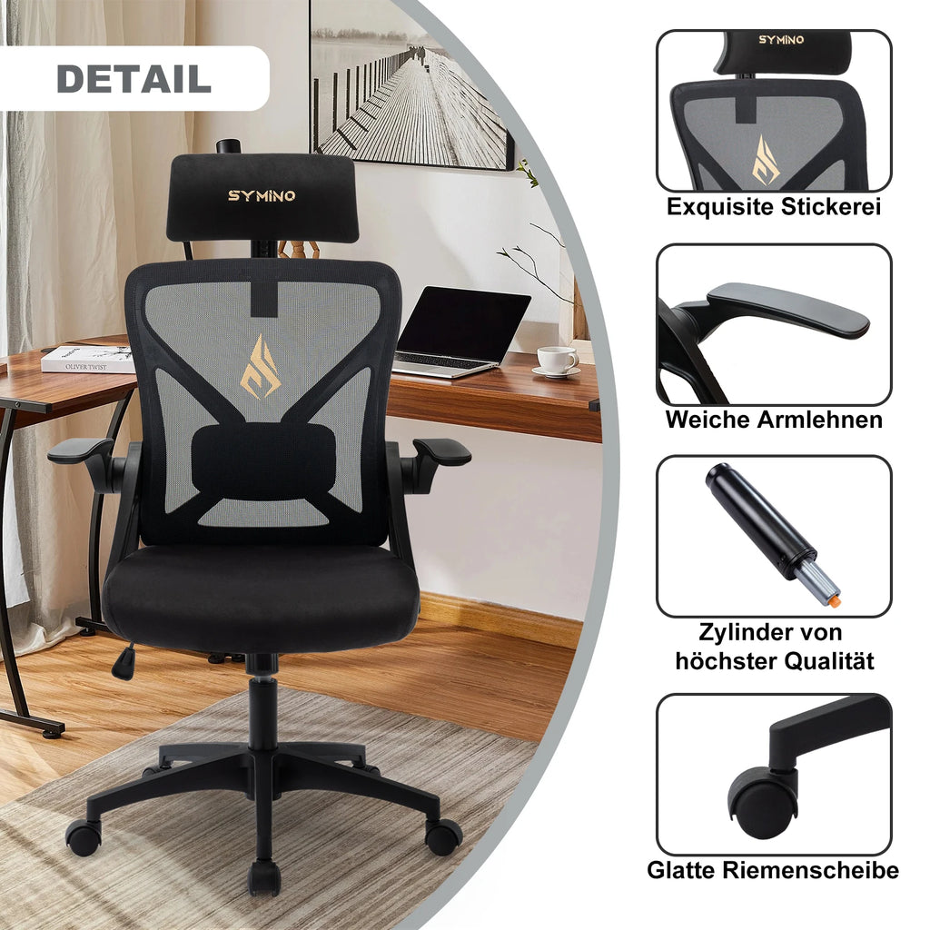 Silla de oficina Symino con reposacabezas ajustable, reposabrazos y soporte lumbar, función ergonómica giratoria y balancín.
