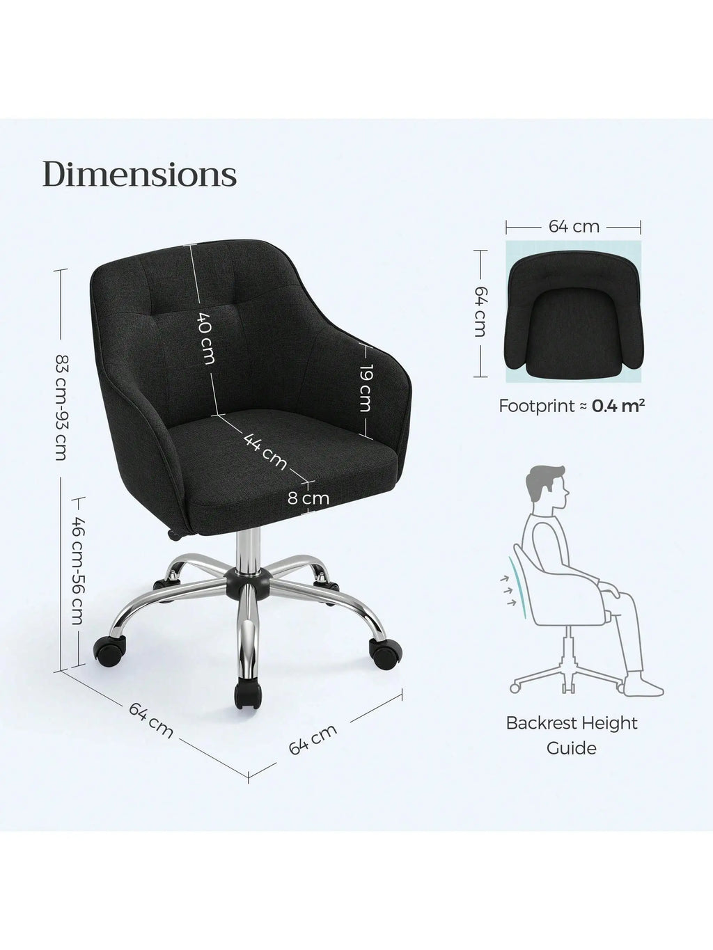 Silla de estudio SONGMICS, giratoria, altura ajustable, capacidad de carga de 110 kg, estructura de acero, tela transpirable de algodón y lino, ideal para estudio y dormitorio.