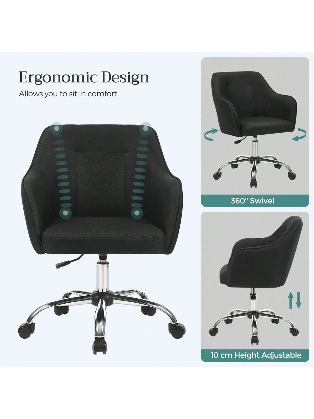 Silla de estudio SONGMICS, giratoria, altura ajustable, capacidad de carga de 110 kg, estructura de acero, tela transpirable de algodón y lino, ideal para estudio y dormitorio.