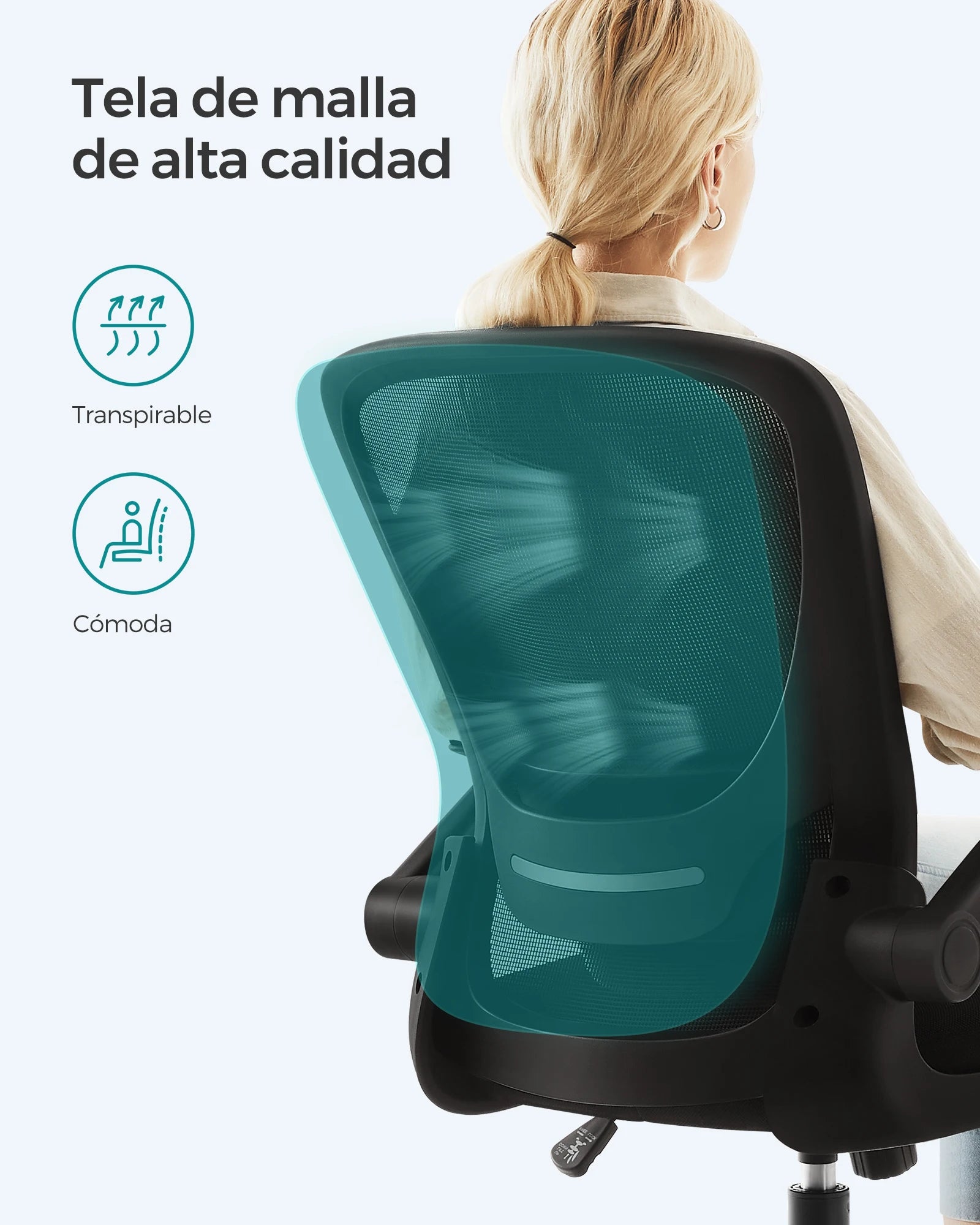 Silla de oficina SONGMICS, silla de escritorio de malla, silla ergonómica para ordenador, soporte lumbar, mecedora, ancho del asiento 53 cm, reposabrazos abatibles