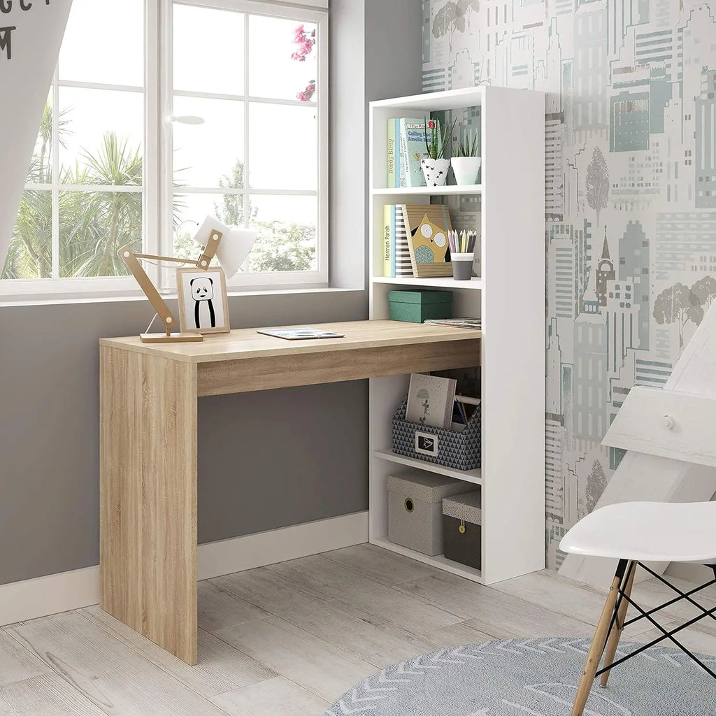 Oficina con Estante Reversible, Mesa Organizadora, Color Blanco Artik y Roble Canadiense, Modelo Doble, Medidas: 120 cm (Ancho) x
