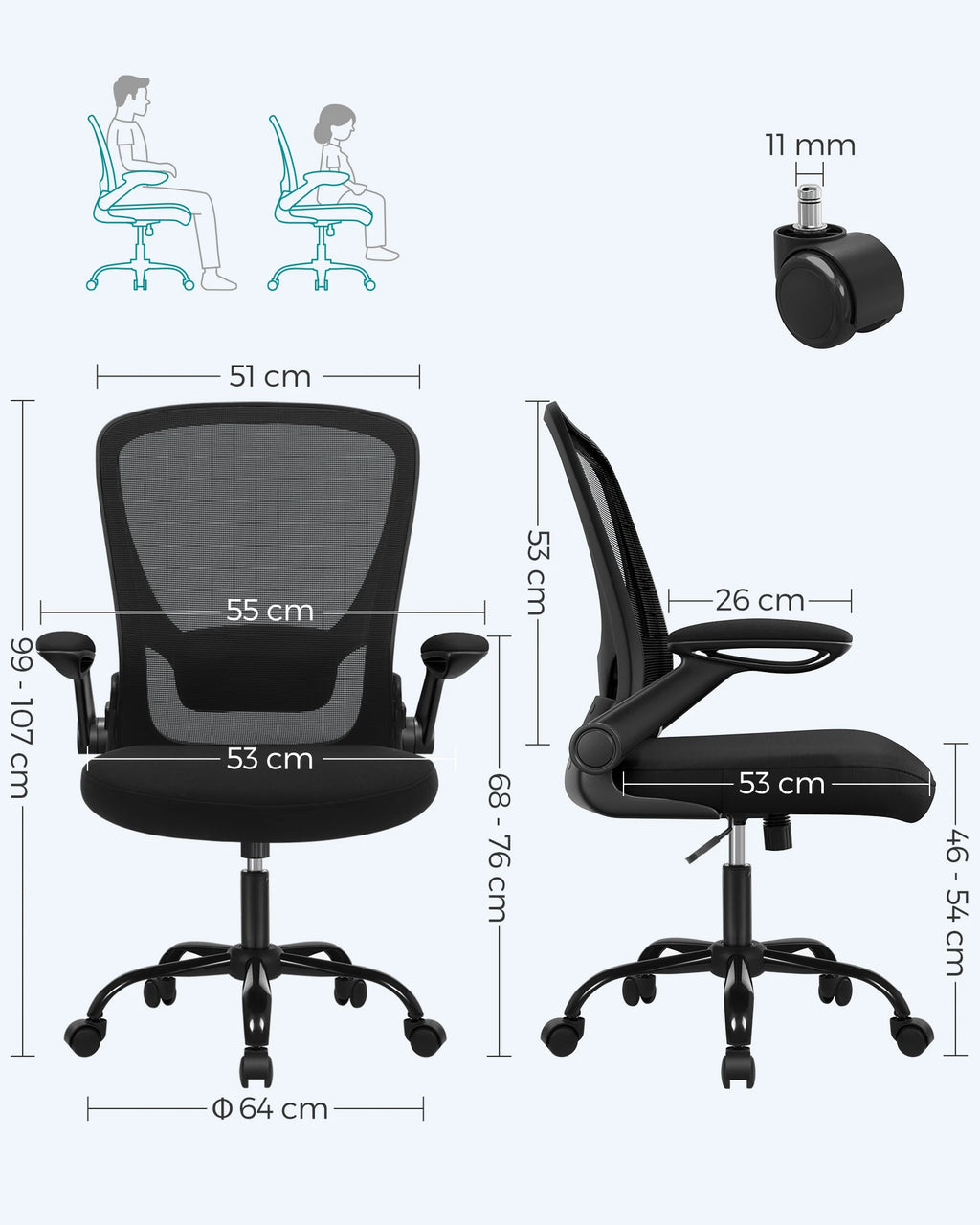 Silla de oficina SONGMICS, silla de escritorio de malla, silla ergonómica para ordenador, soporte lumbar, mecedora, ancho del asiento 53 cm, reposabrazos abatibles